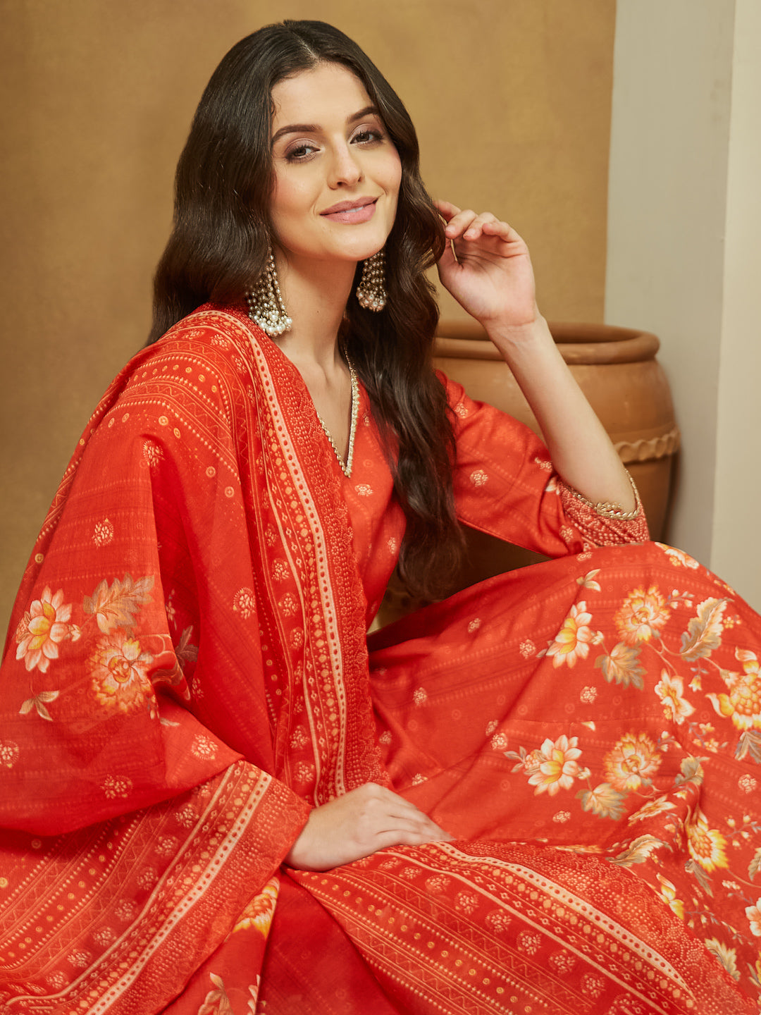 Naari By Shree Women's Orange Cotton Blend Floral Printed Anarkali Kurta Set