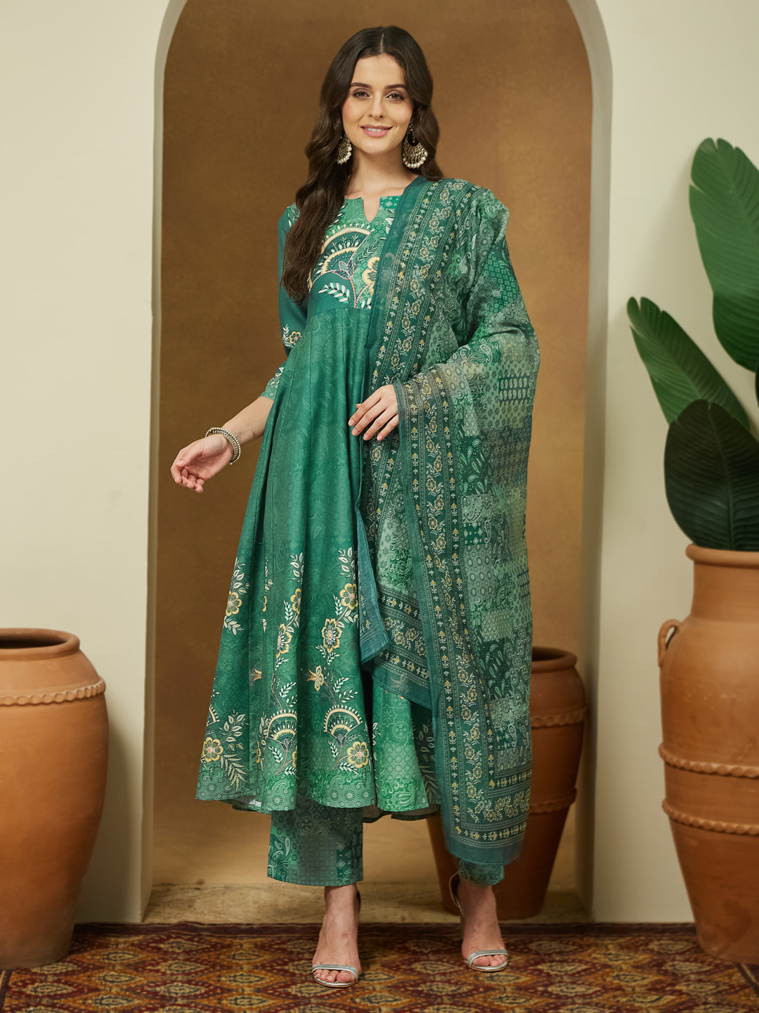 Naari By Shree Women's Sage Green Cotton Blend Floral Printed Anarkali Kurta Set