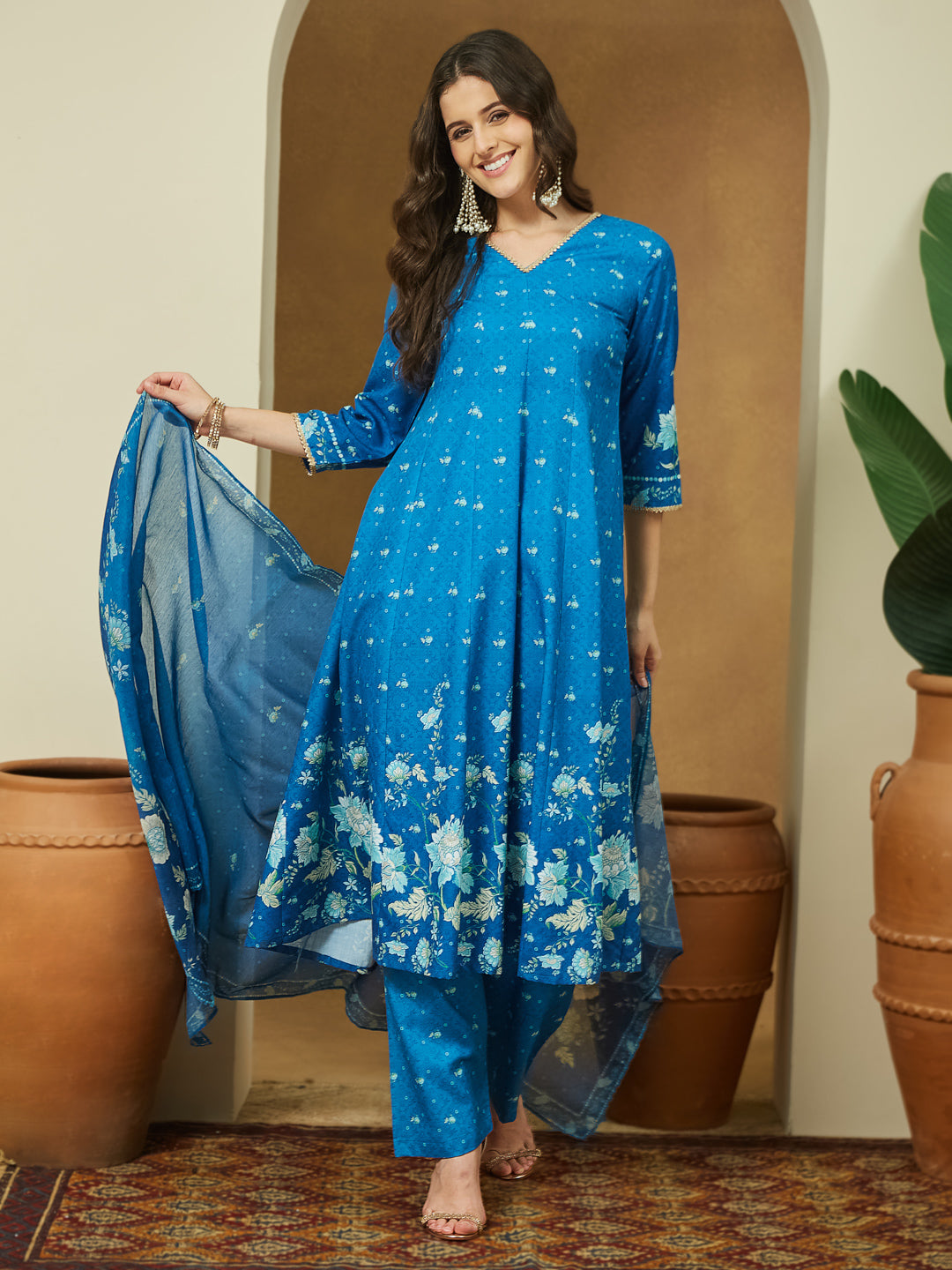 Naari By Shree Women's Blue Cotton Blend Floral Printed Anarkali Kurta Set