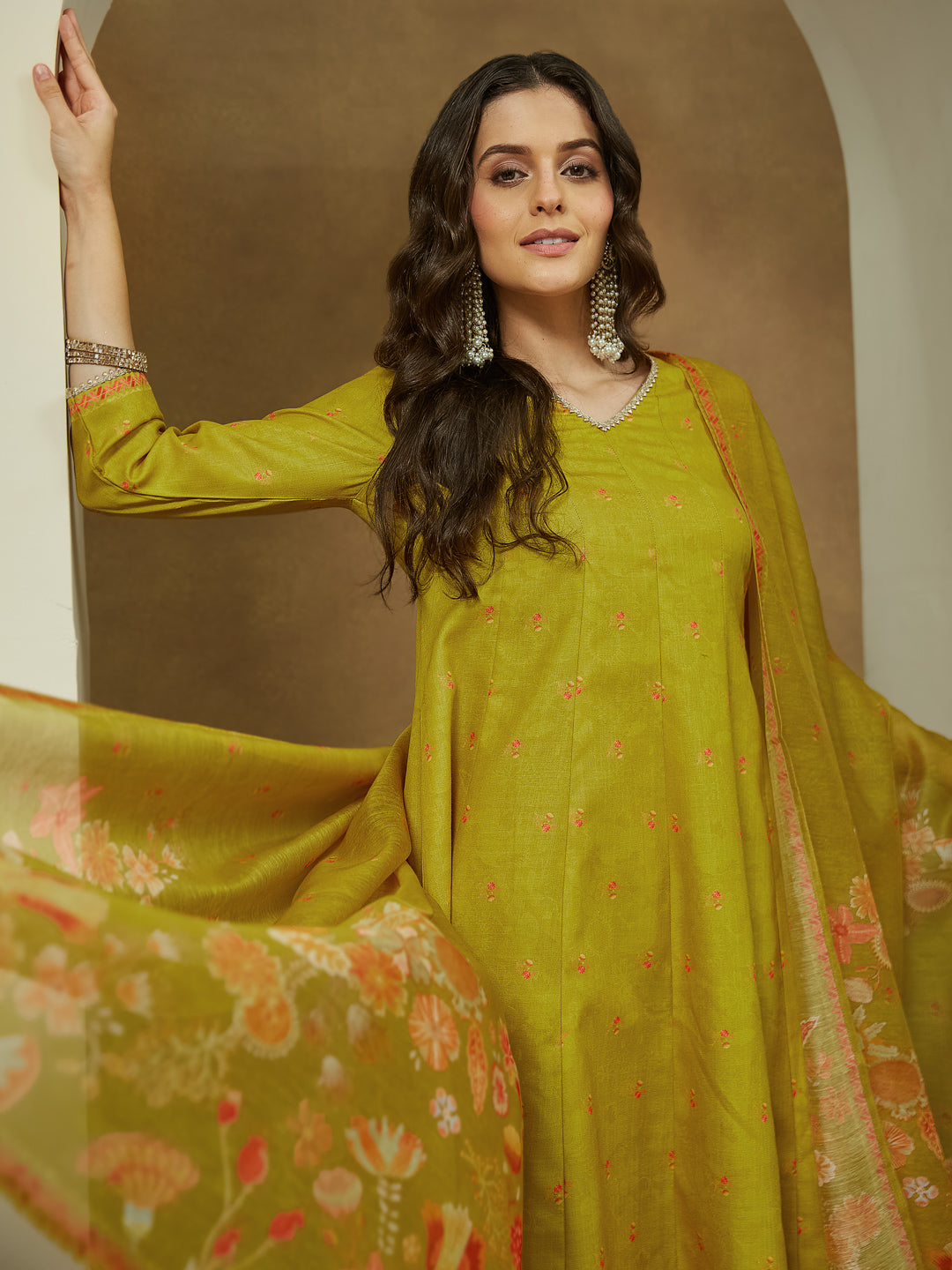 Naari By Shree Women's Mustard Cotton Blend Floral Printed Anarkali Kurta Set