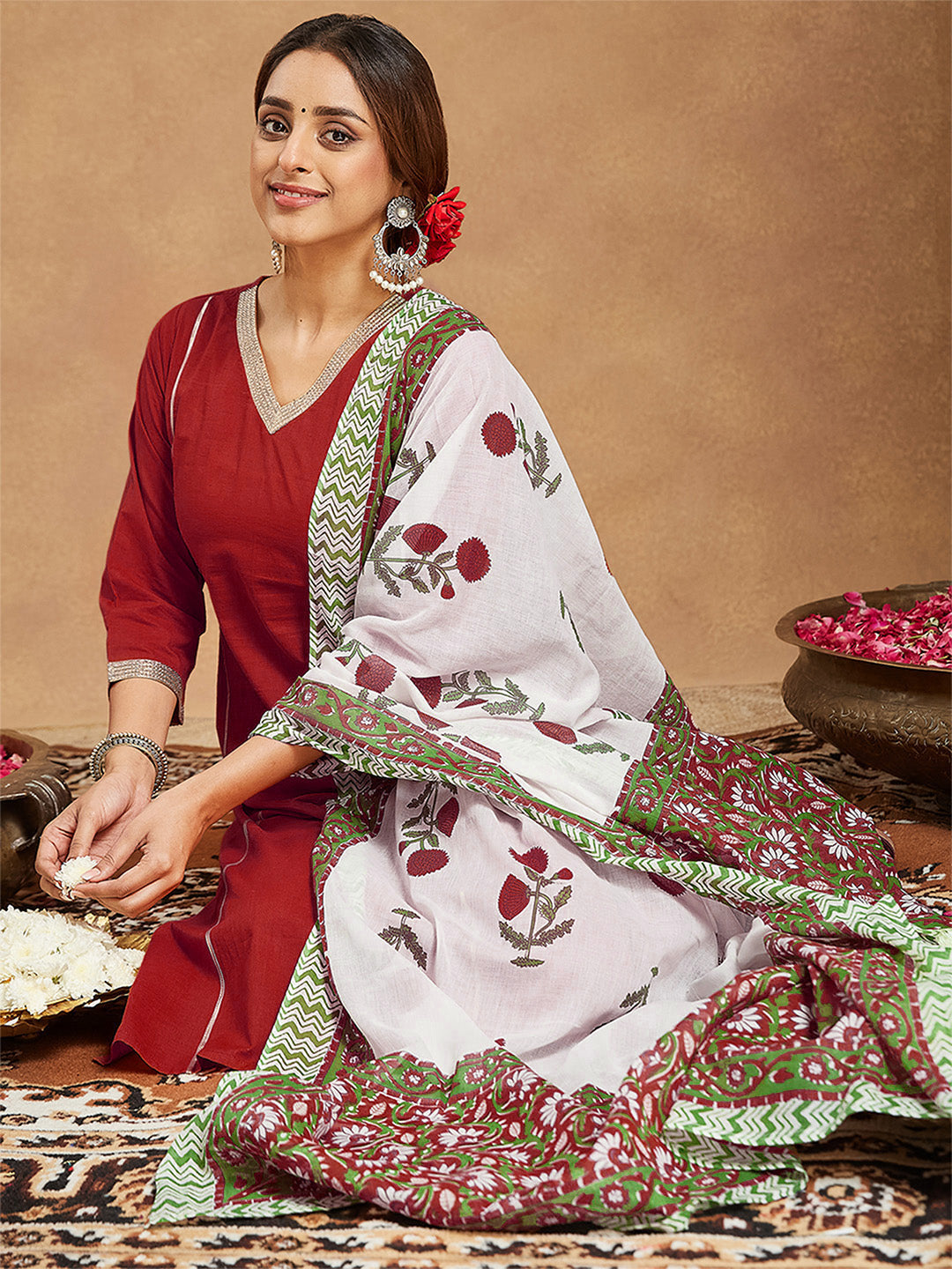 Naari By Shree Women's Red Pure Cotton Embellished Straight Kurta Set