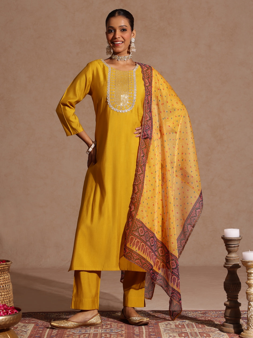Naari By Shree Women's Yellow Chanderi Silk Yoke Embroidered Straight Kurta Set