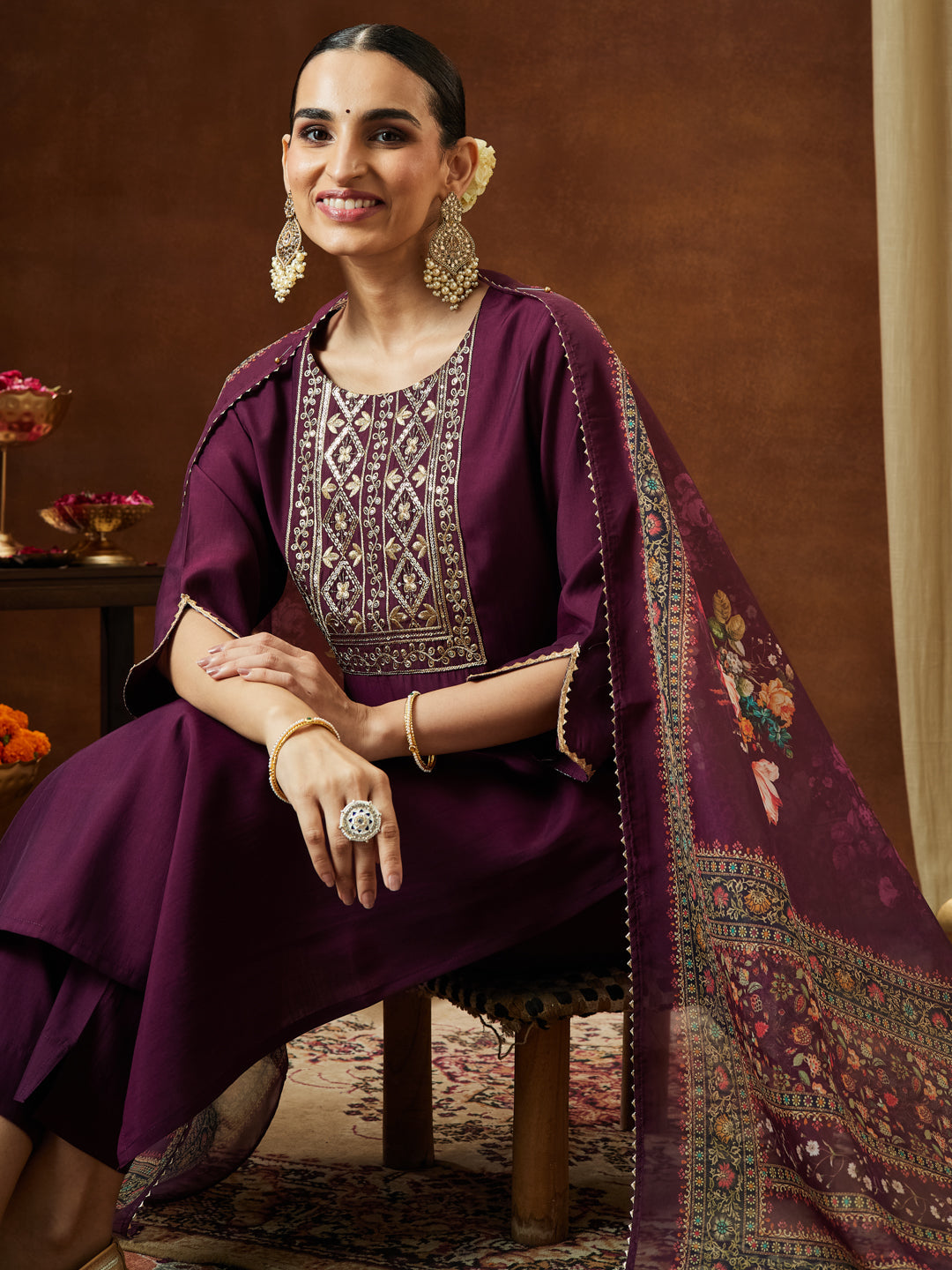 Naari By Shree Women's Wine Chanderi Silk Yoke Embroidered Straight Kurta Set