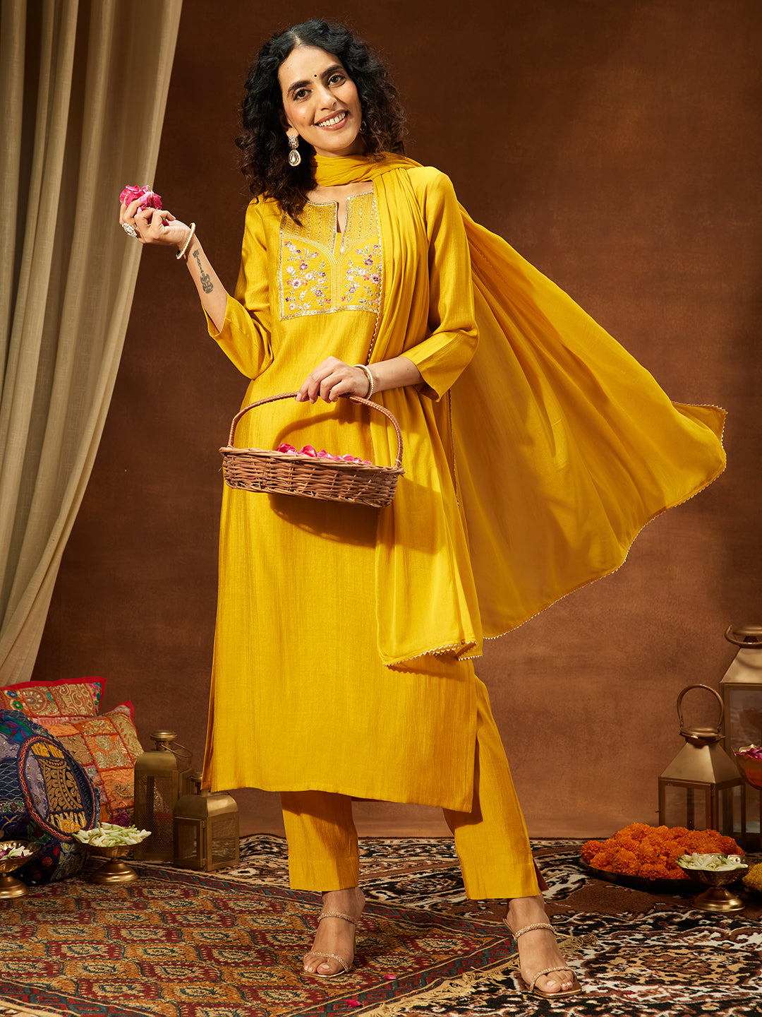 Naari By Shree Women's Mustard Silk Blend Yoke Embroidered Straight Kurta Set
