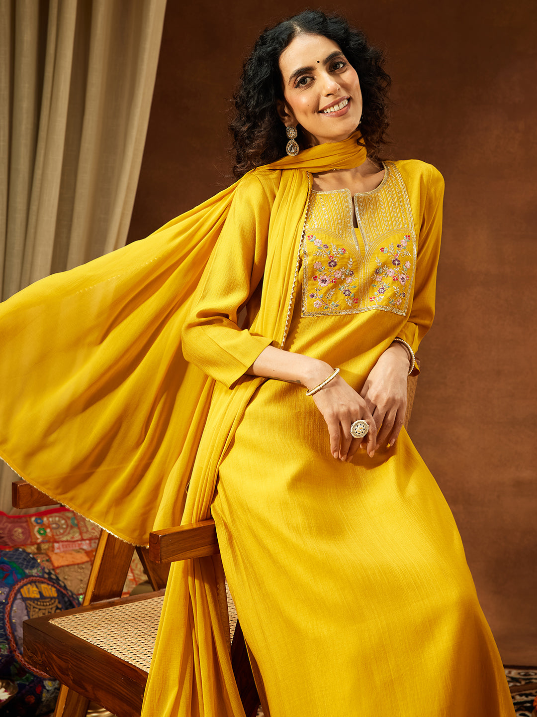 Naari By Shree Women's Mustard Silk Blend Yoke Embroidered Straight Kurta Set