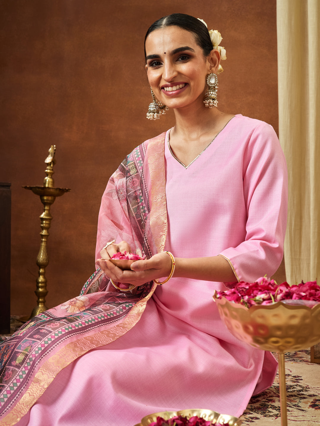 Naari By Shree Women's Light Pink Cotton Blend Yoke Design Straight Kurta Set With Printed Dupatta