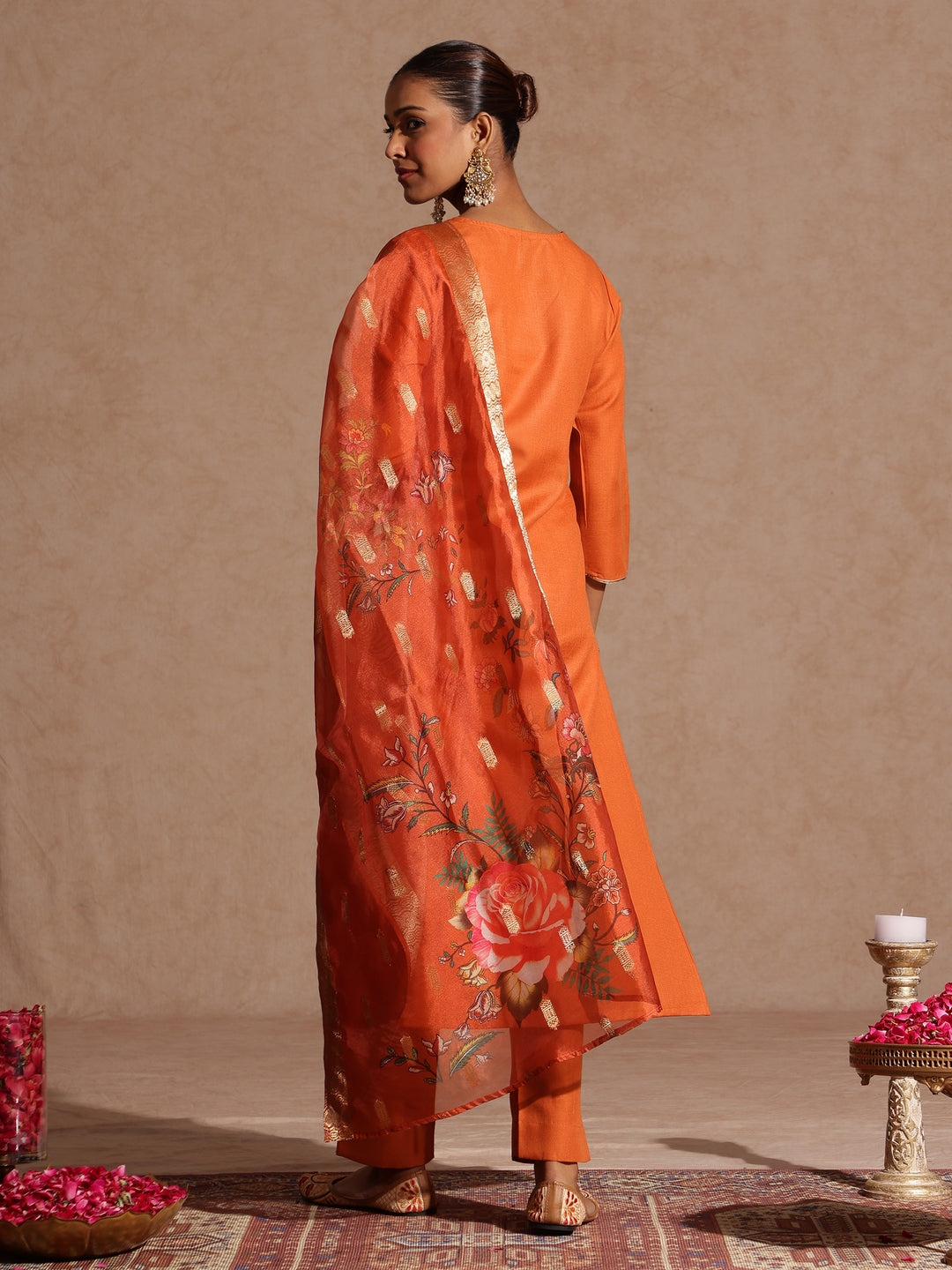 Naari By Shree Women's Orange Cotton Blend Yoke Design Straight Kurta Set With Printed Dupatta