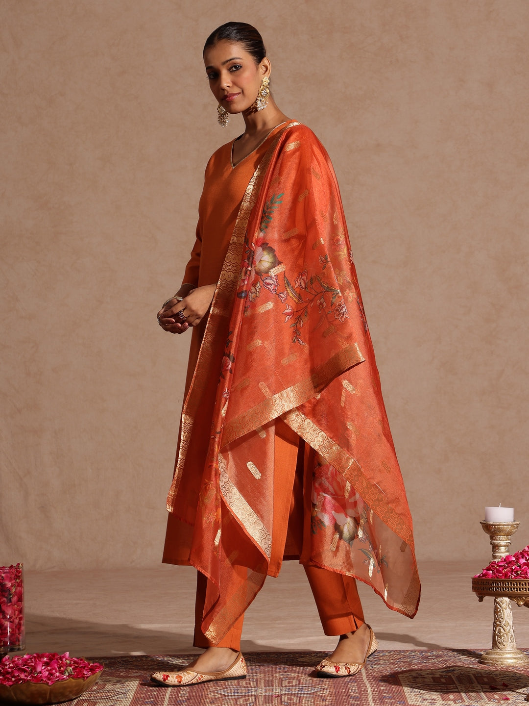 Naari By Shree Women's Orange Cotton Blend Yoke Design Straight Kurta Set With Printed Dupatta
