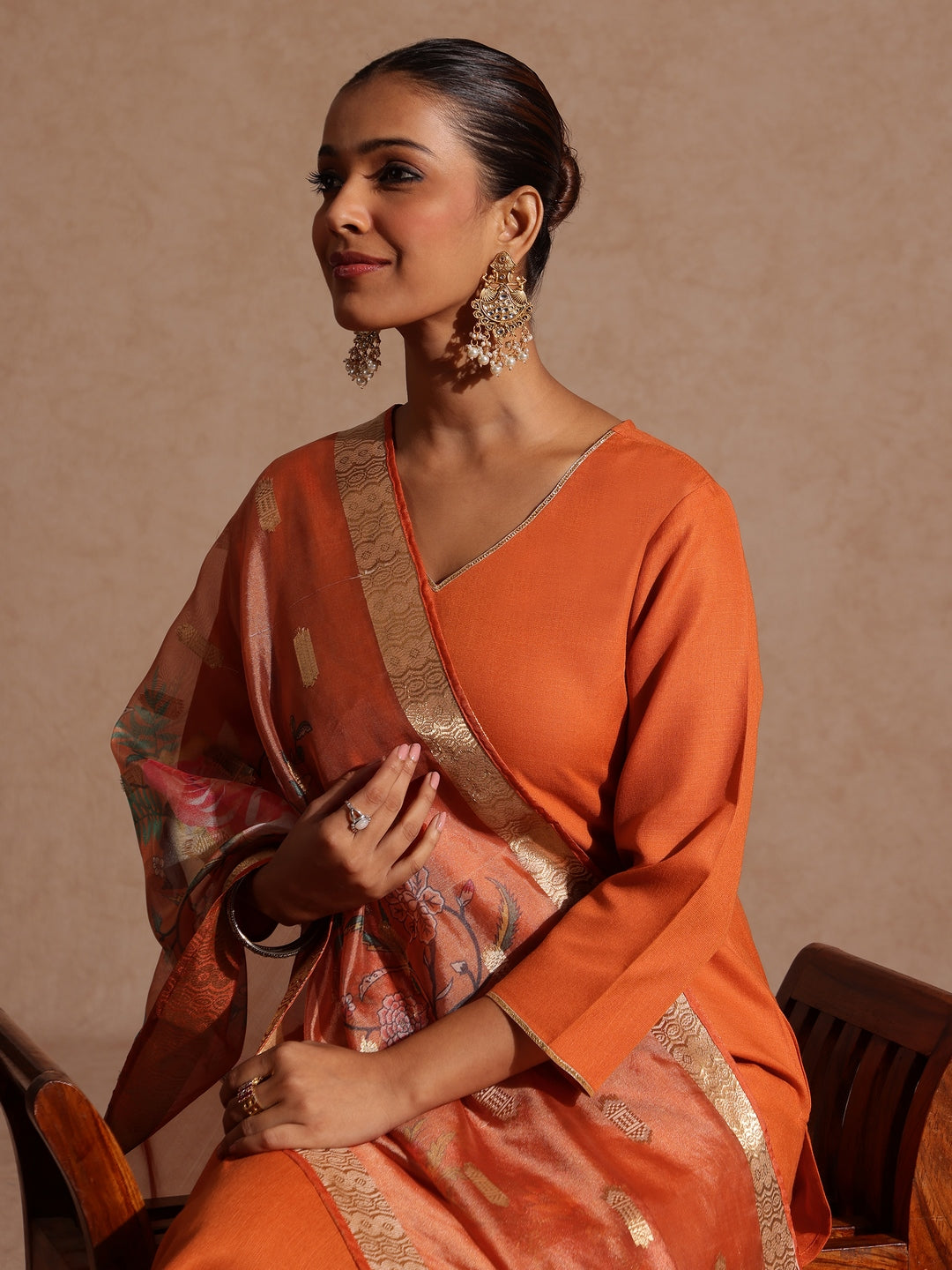 Naari By Shree Women's Orange Cotton Blend Yoke Design Straight Kurta Set With Printed Dupatta