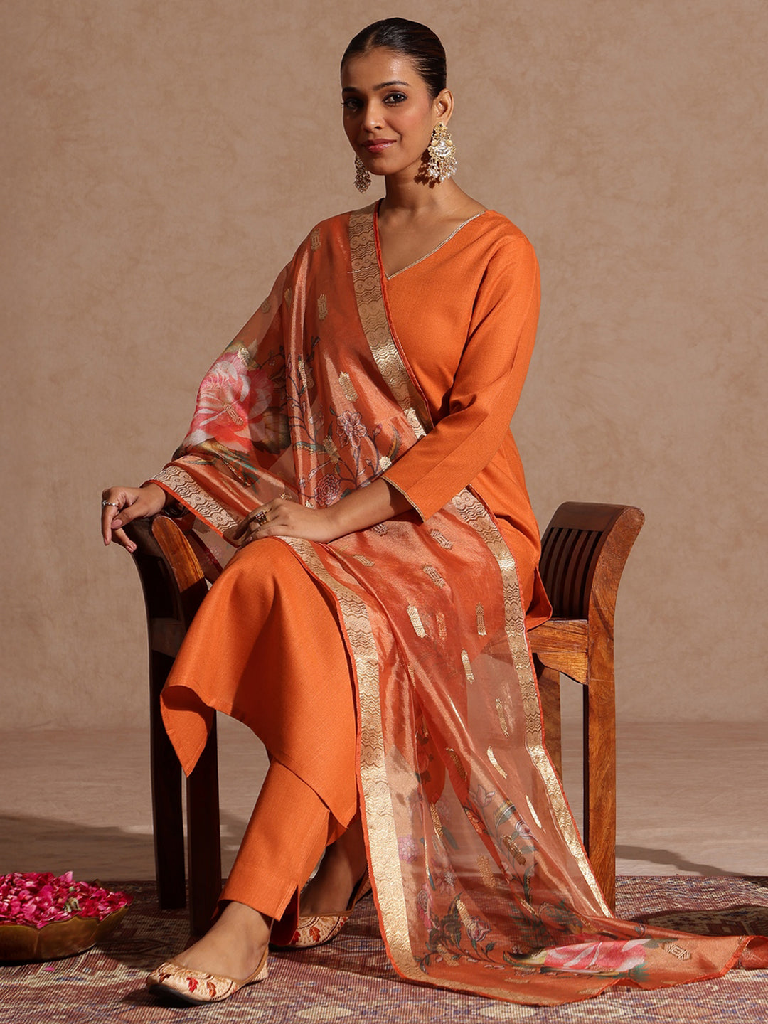 Naari By Shree Women's Orange Cotton Blend Yoke Design Straight Kurta Set With Printed Dupatta