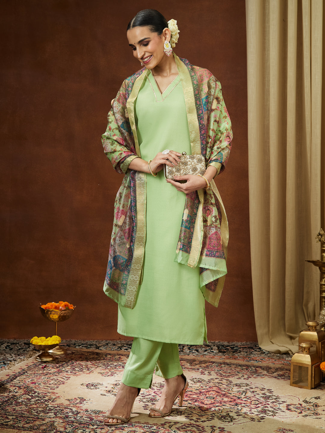 Naari By Shree Women's Mint Green Cotton Blend Yoke Design Straight Kurta Set With Printed Jacquard Dupatta