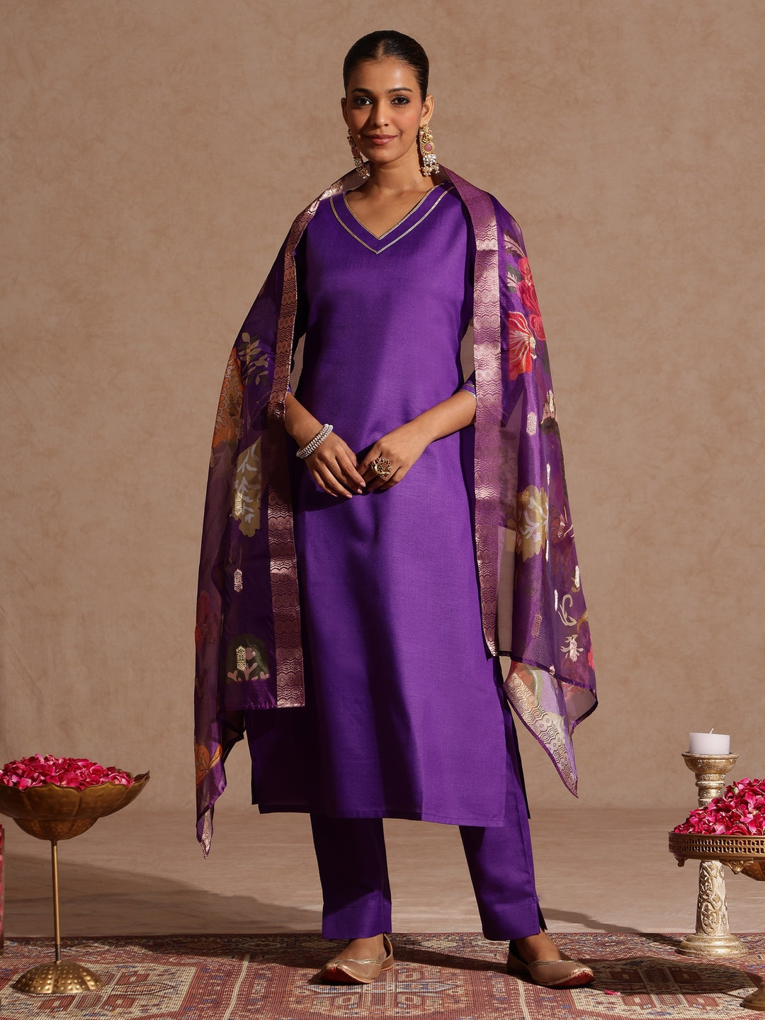 Naari By Shree Women's Purple Cotton Blend Yoke Design Straight Kurta Set With Printed Jacquard Dupatta