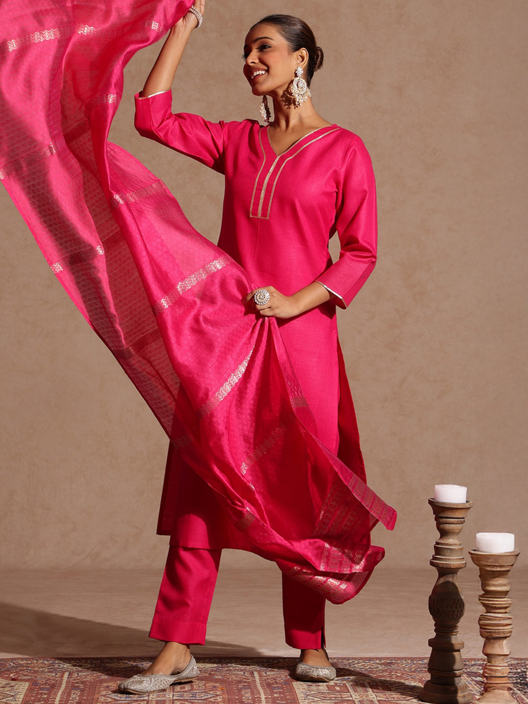 Naari By Shree Women's Pink Cotton Blend Yoke Design Straight Kurta Set