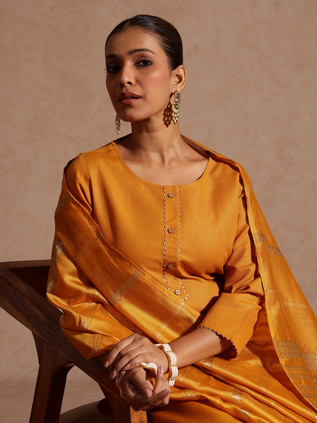Naari By Shree Women's Mustard Cotton Blend Yoke Design Straight Kurta Set