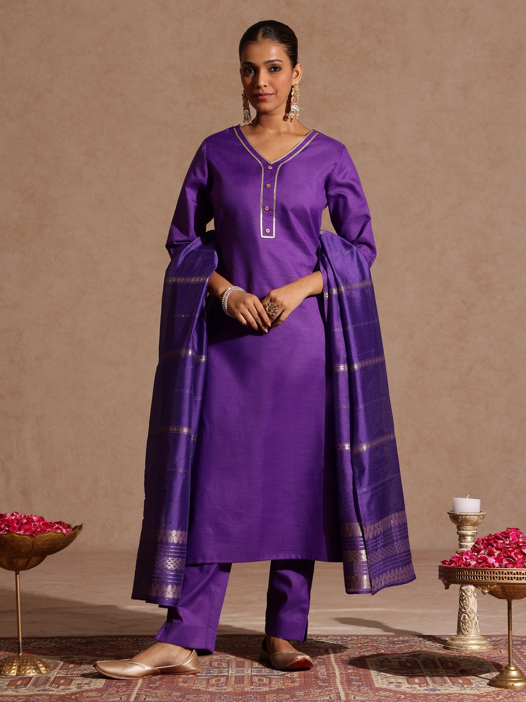 Naari By Shree Women's Purple Cotton Blend Yoke Design Straight Kurta Set