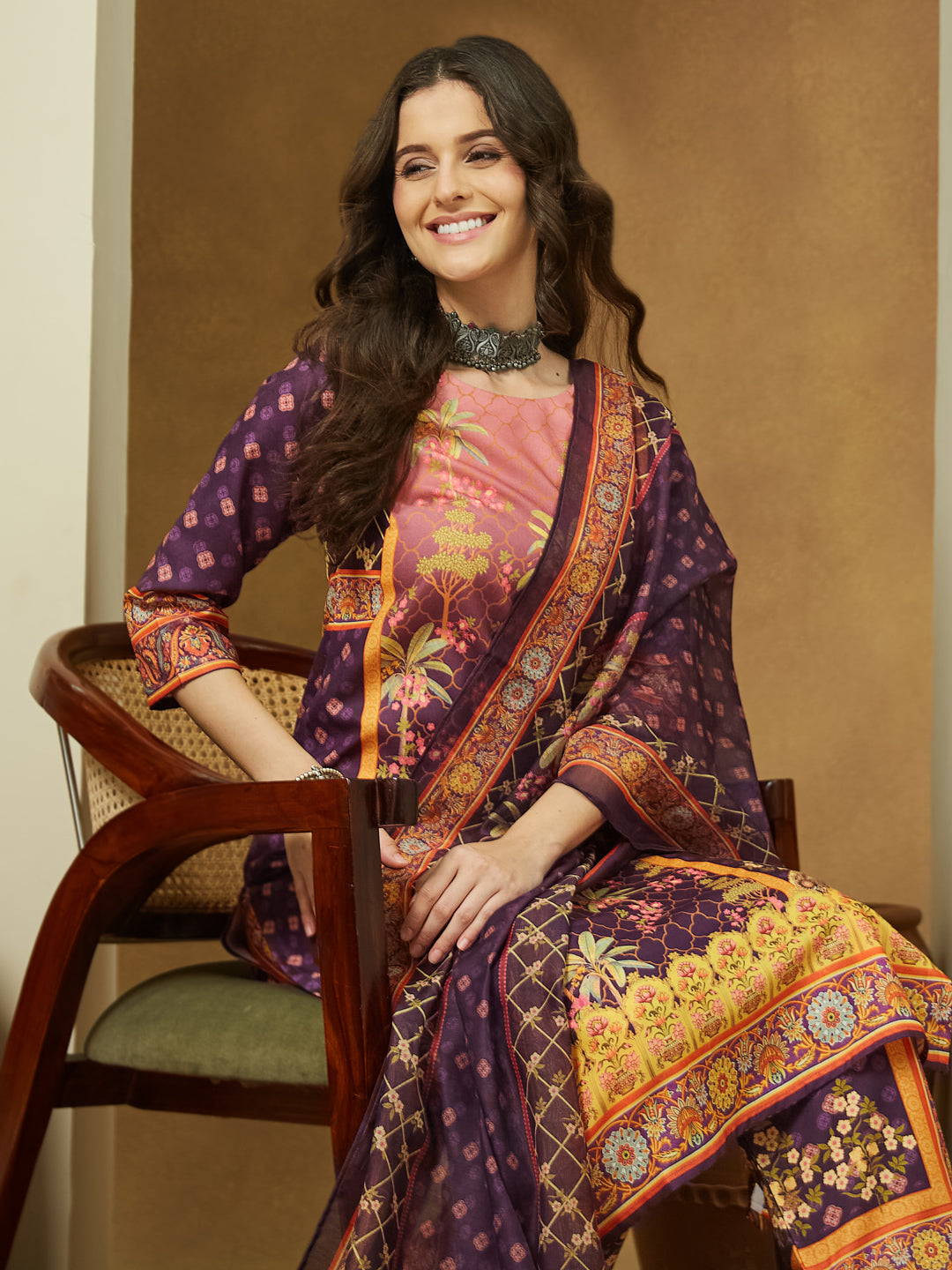 Naari By Shree Women's Purple Cotton Blend Floral Printed Straight Kurta Set