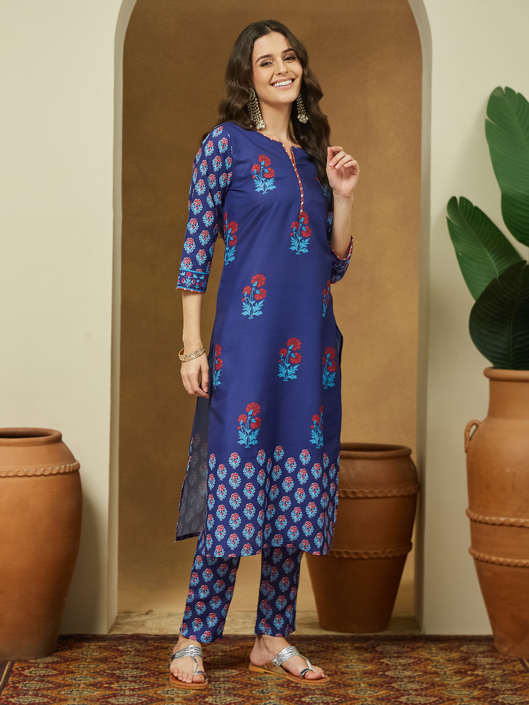 Naari By Shree Women's Purple Cotton Blend Printed Straight Kurta Set