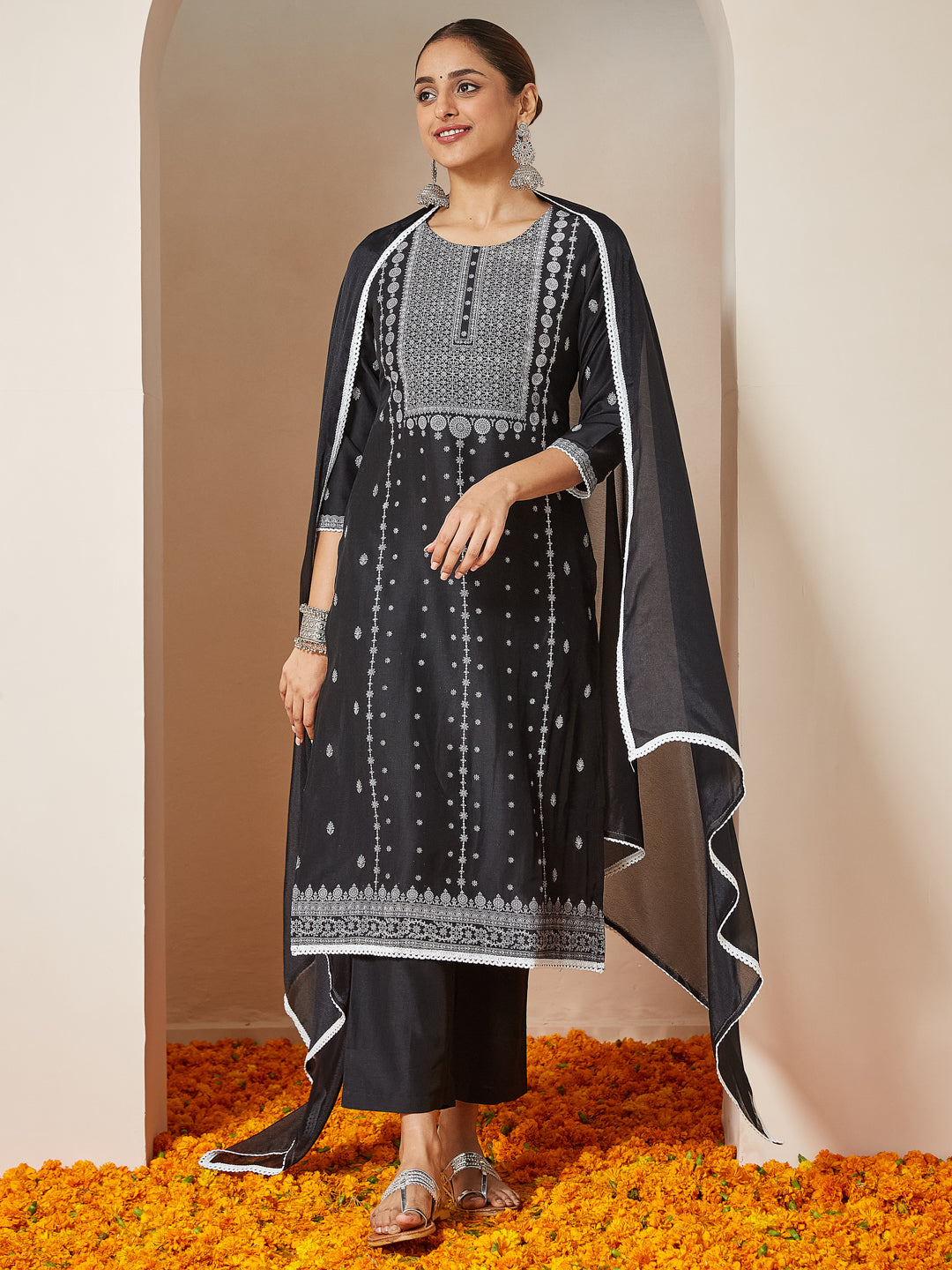 Naari By Shree Women's Black Silk Blend Embellished Straight Kurta Set