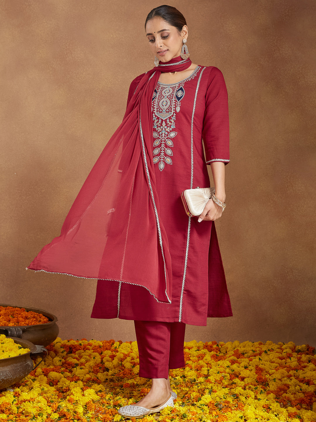 Naari By Shree Women's Maroon Silk Blend Embroidered Straight Kurta Set