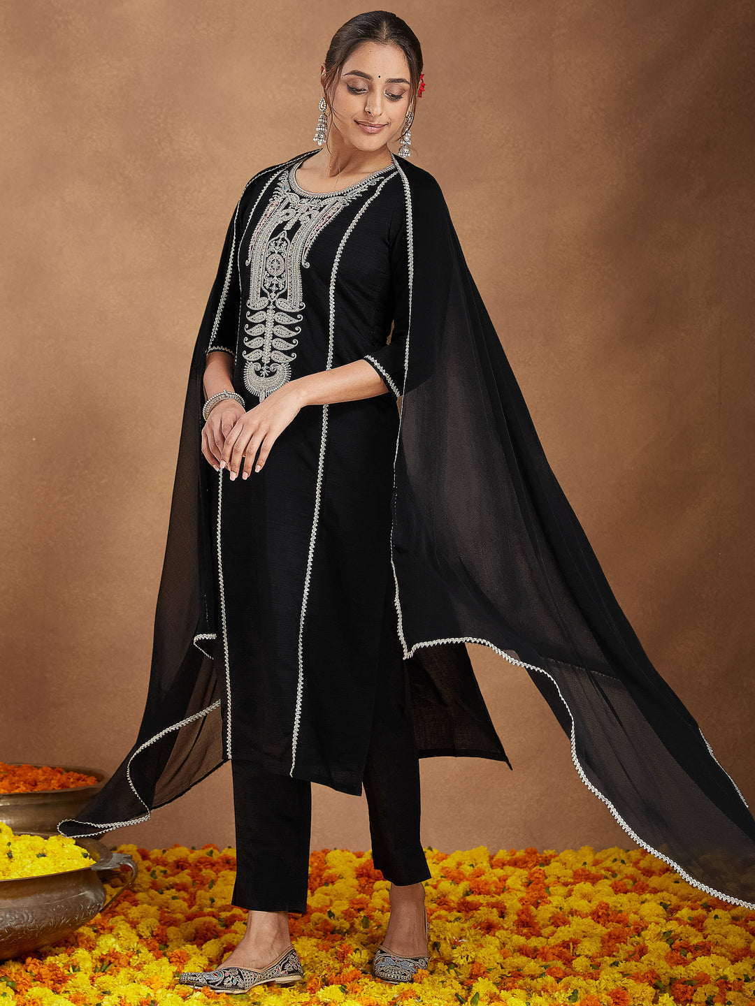 Naari By Shree Women's Black Silk Blend Embroidered Straight Kurta Set