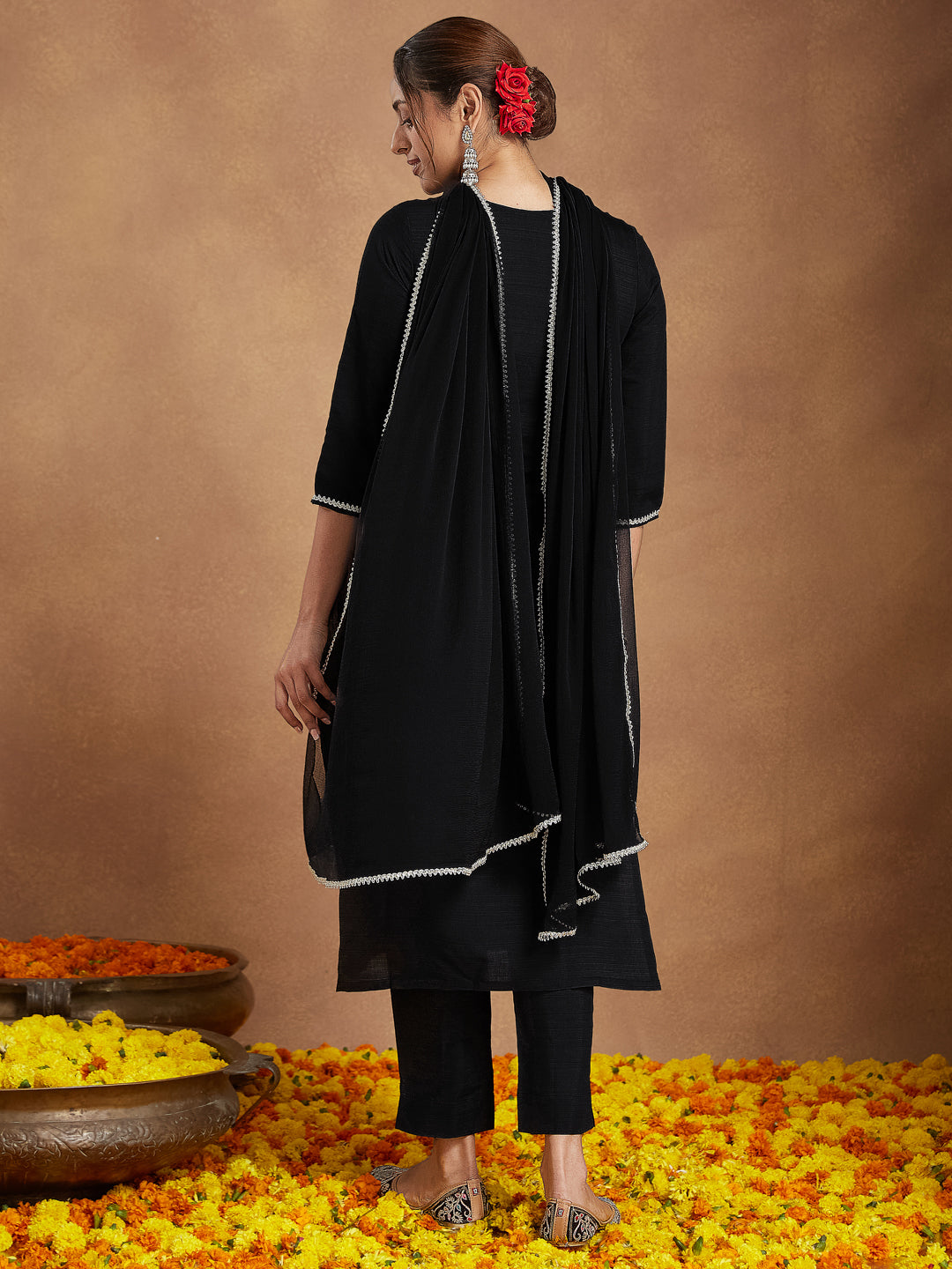 Naari By Shree Women's Black Silk Blend Embroidered Straight Kurta Set