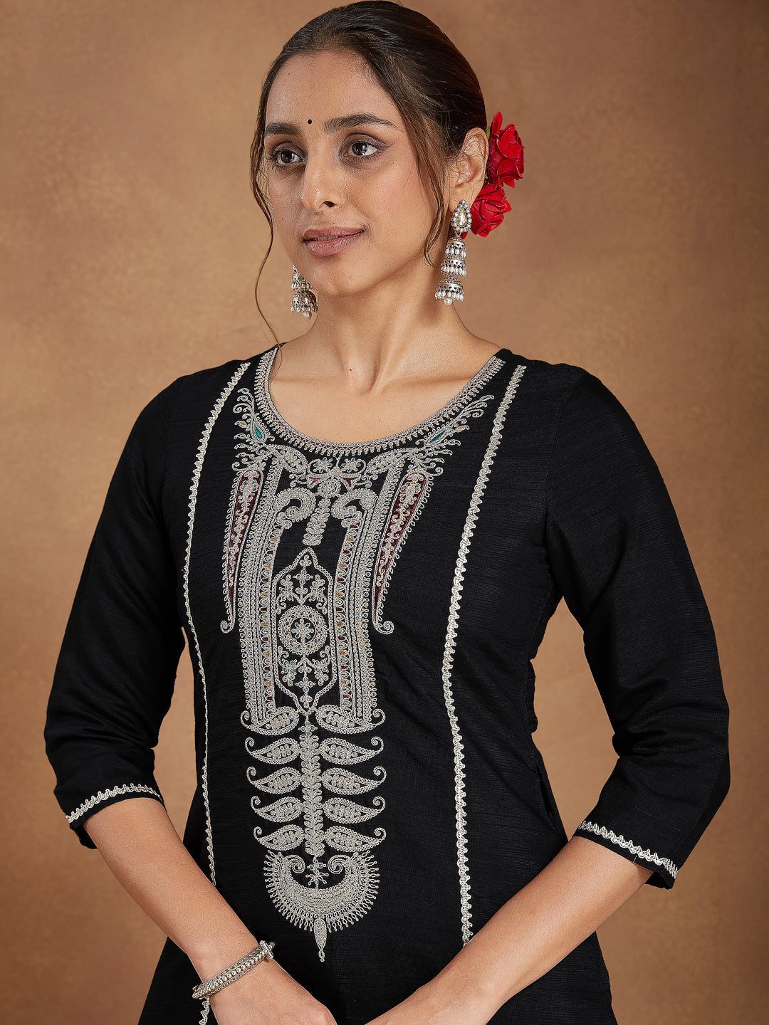 Naari By Shree Women's Black Silk Blend Embroidered Straight Kurta Set