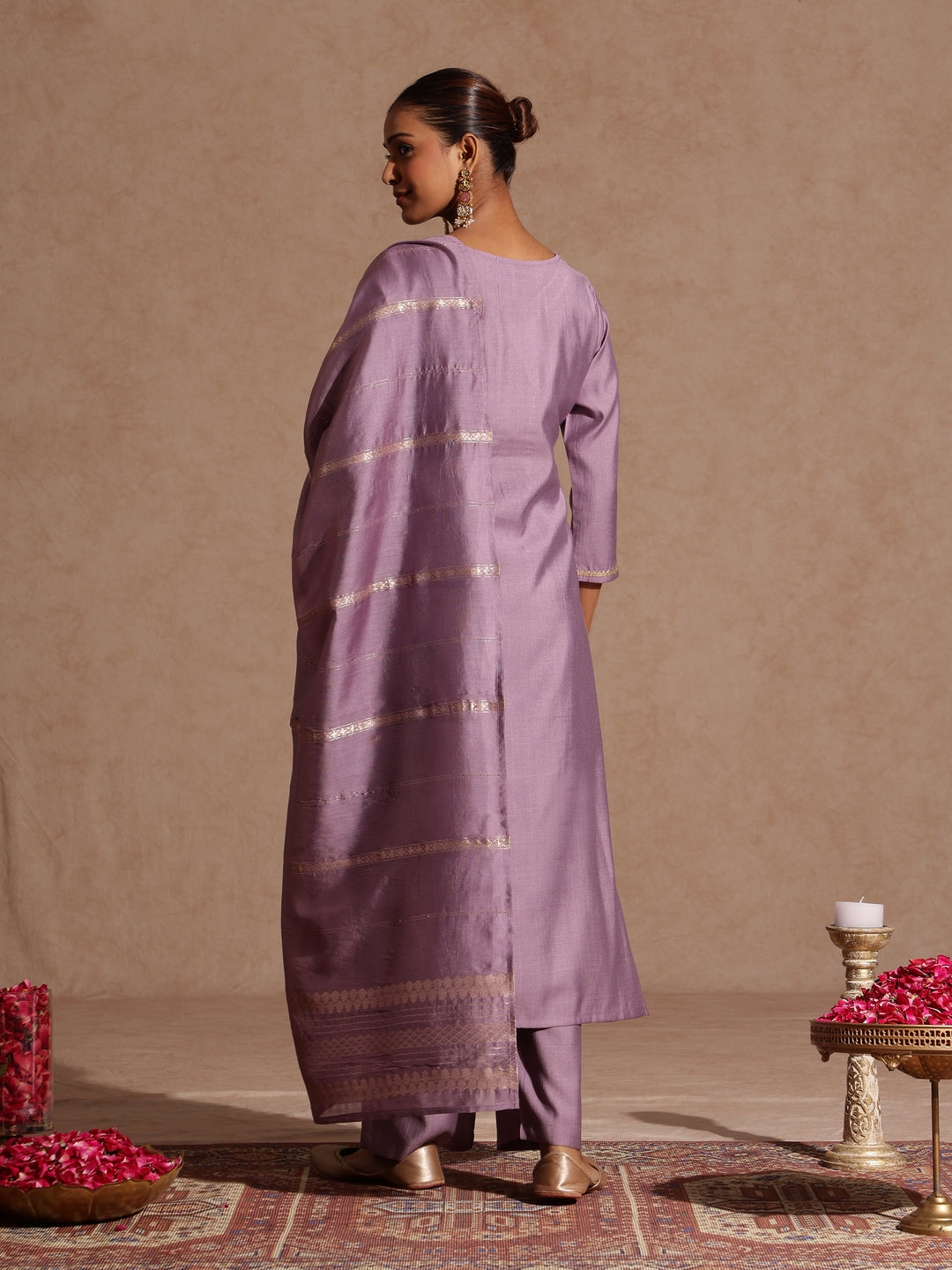 Naari By Shree Women's Lavender Silk Blend Embellished Straight Kurta Set