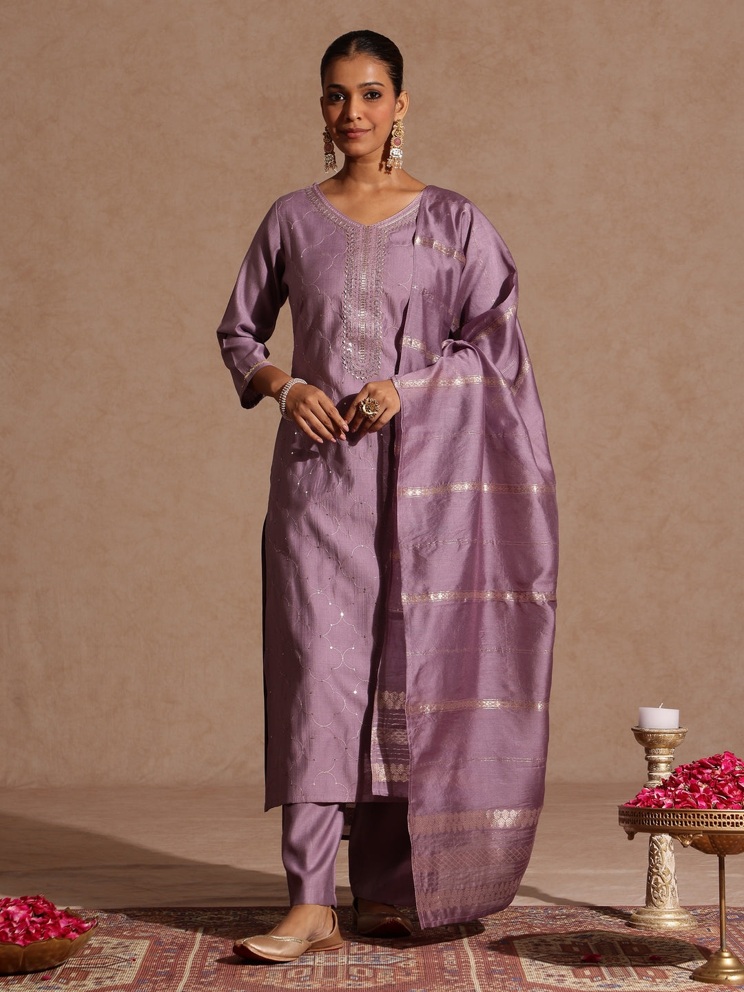 Naari By Shree Women's Lavender Silk Blend Embellished Straight Kurta Set