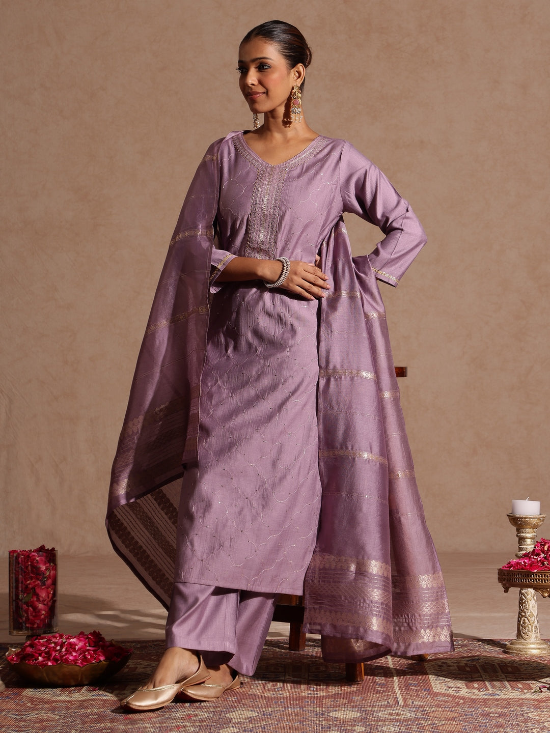 Naari By Shree Women's Lavender Silk Blend Embellished Straight Kurta Set
