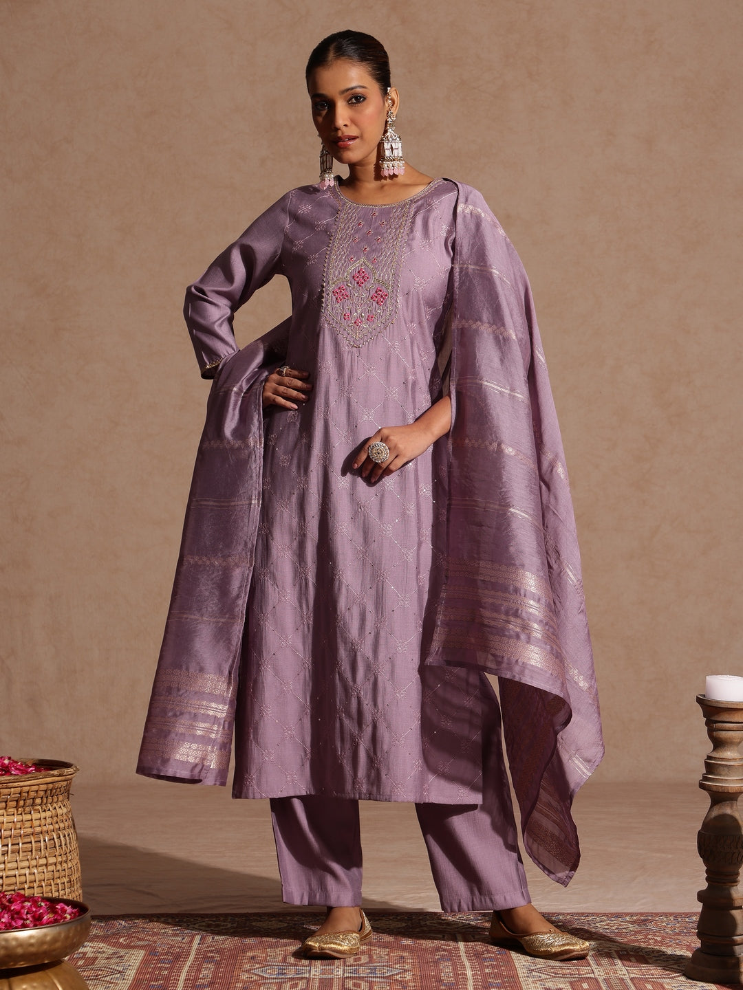 Naari By Shree Women's Lavender Silk Blend Embellished Straight Kurta Set