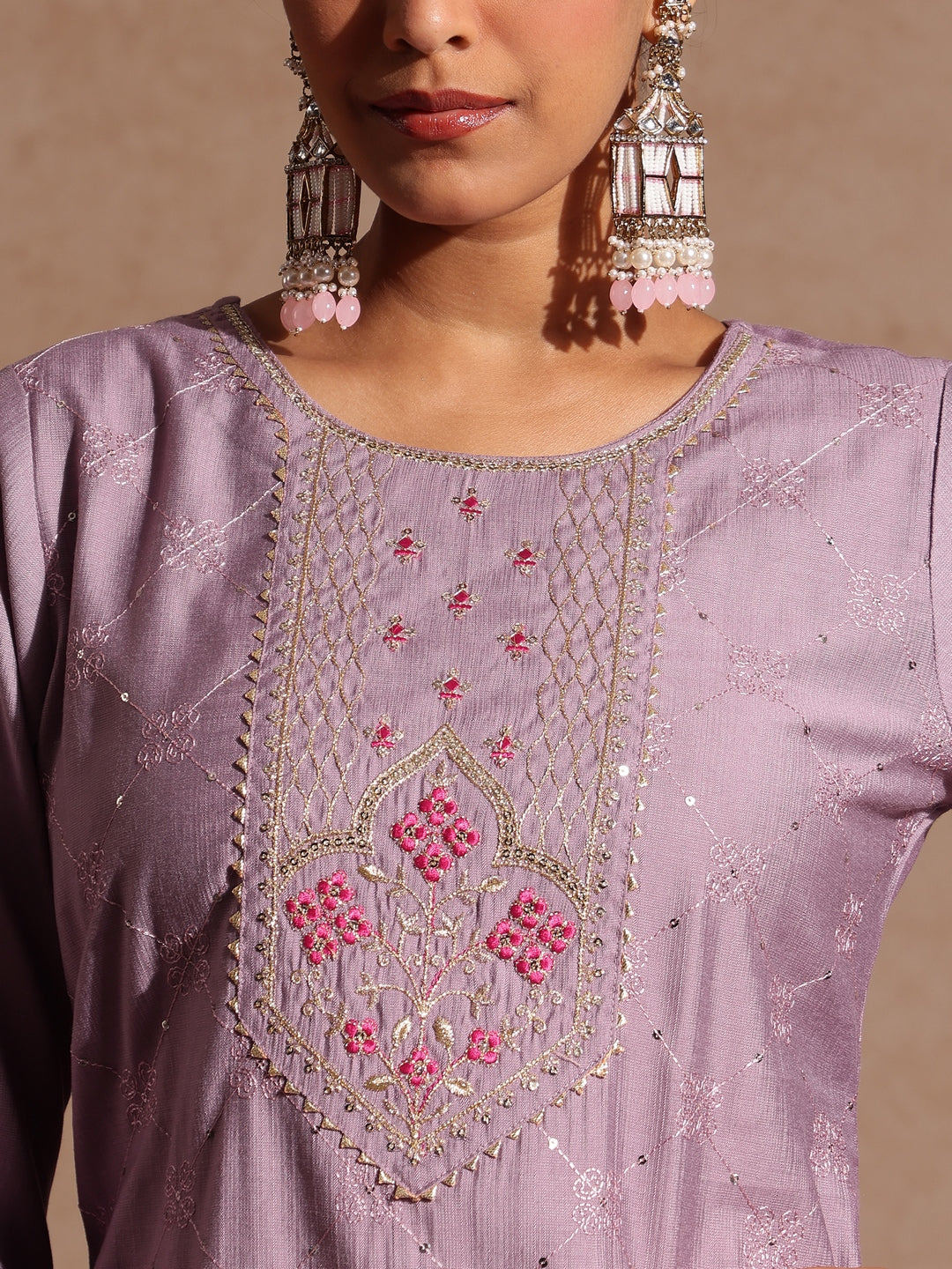 Naari By Shree Women's Lavender Silk Blend Embellished Straight Kurta Set