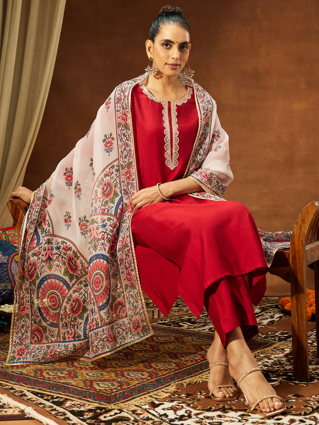 Naari By Shree Women's Maroon Silk Blend Embellished Straight Kurta Set With Printed Dupatta Set