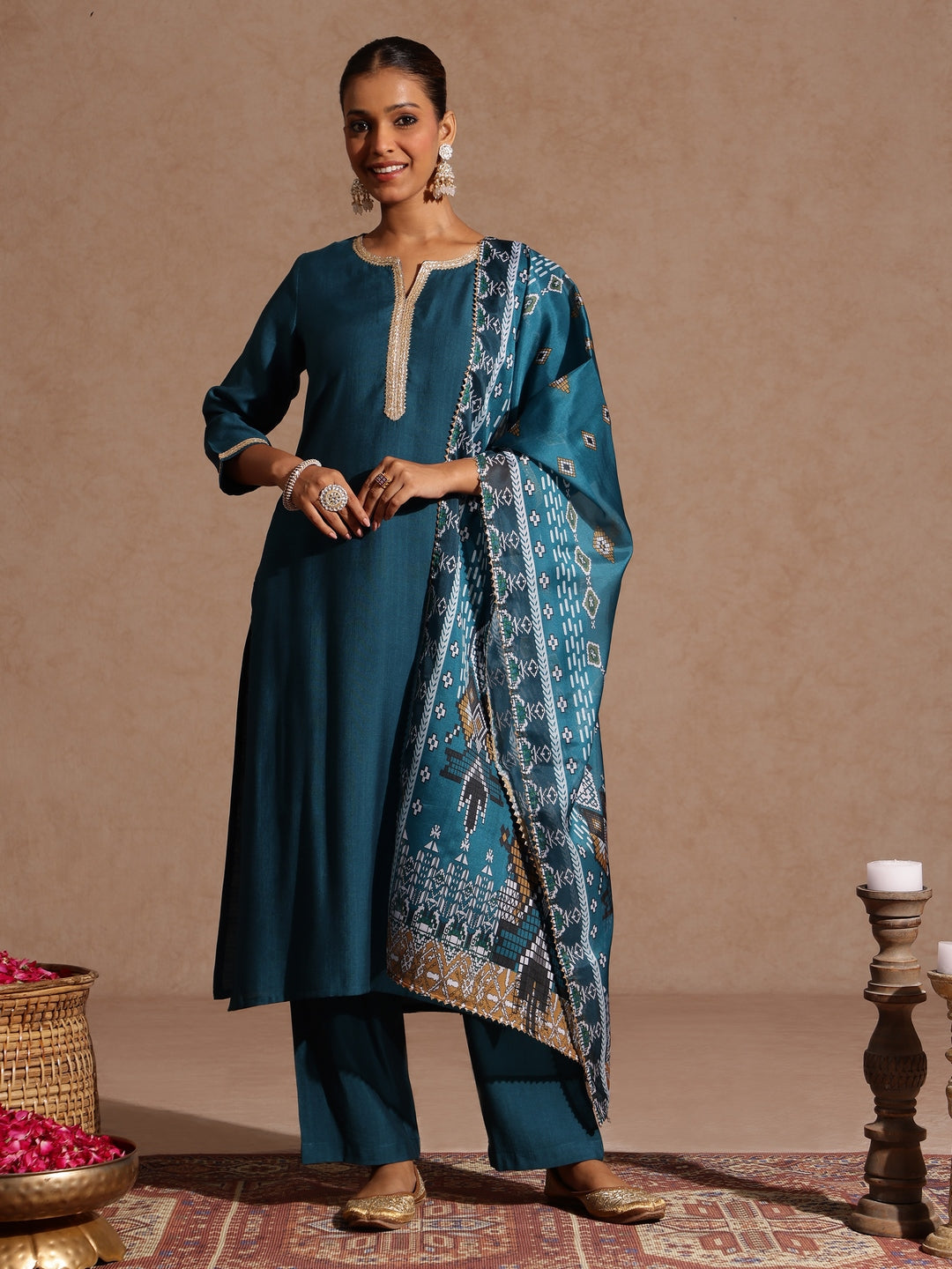Naari By Shree Women's Teal Blue Silk Blend Yoke Design Straight Kurta Set With Printed Jacquard Dupatta