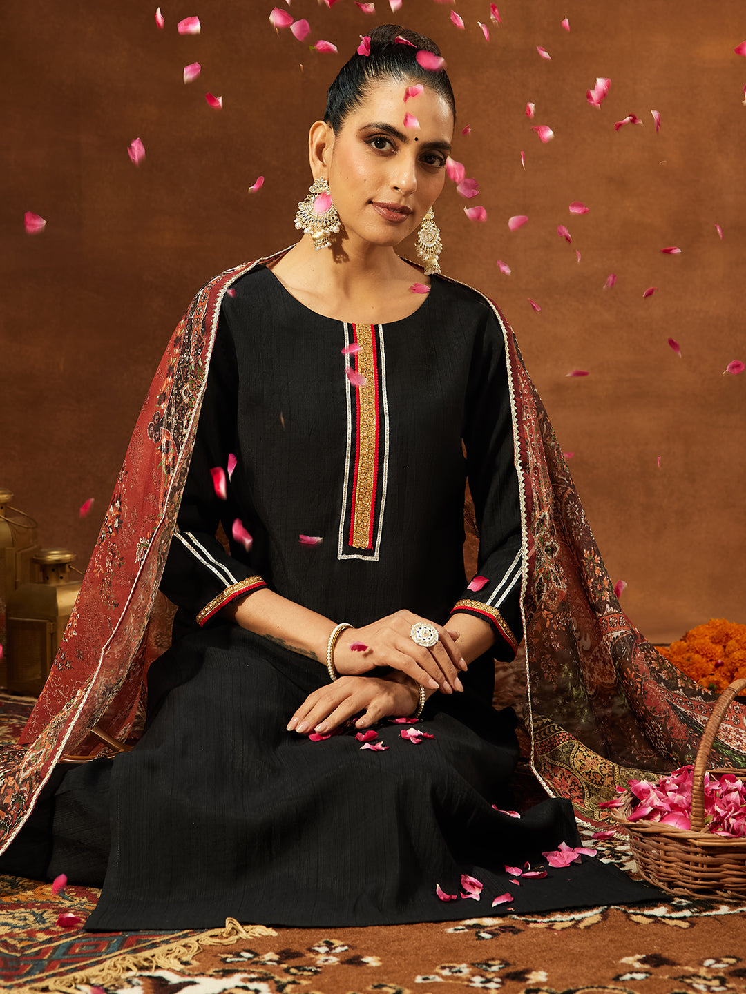 Naari By Shree Women's Black Silk Blend Embellished Straight Kurta Set