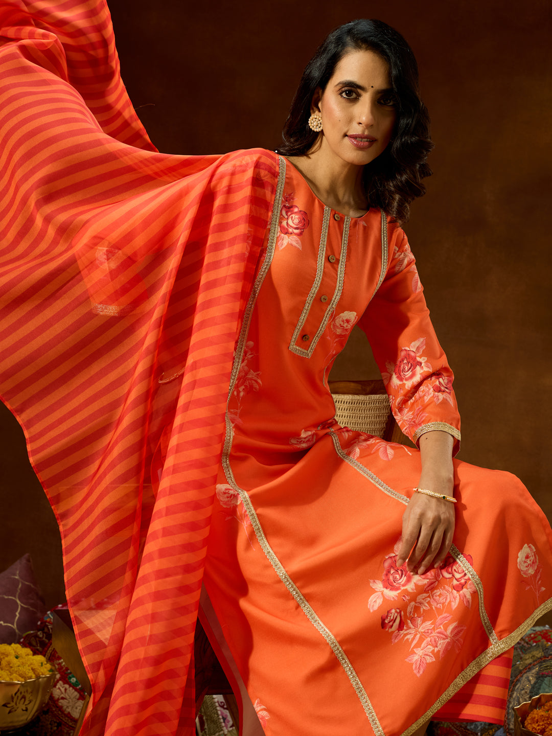 Naari By Shree Women's Orange Cotton Blend Embellished Straight Kurta Set