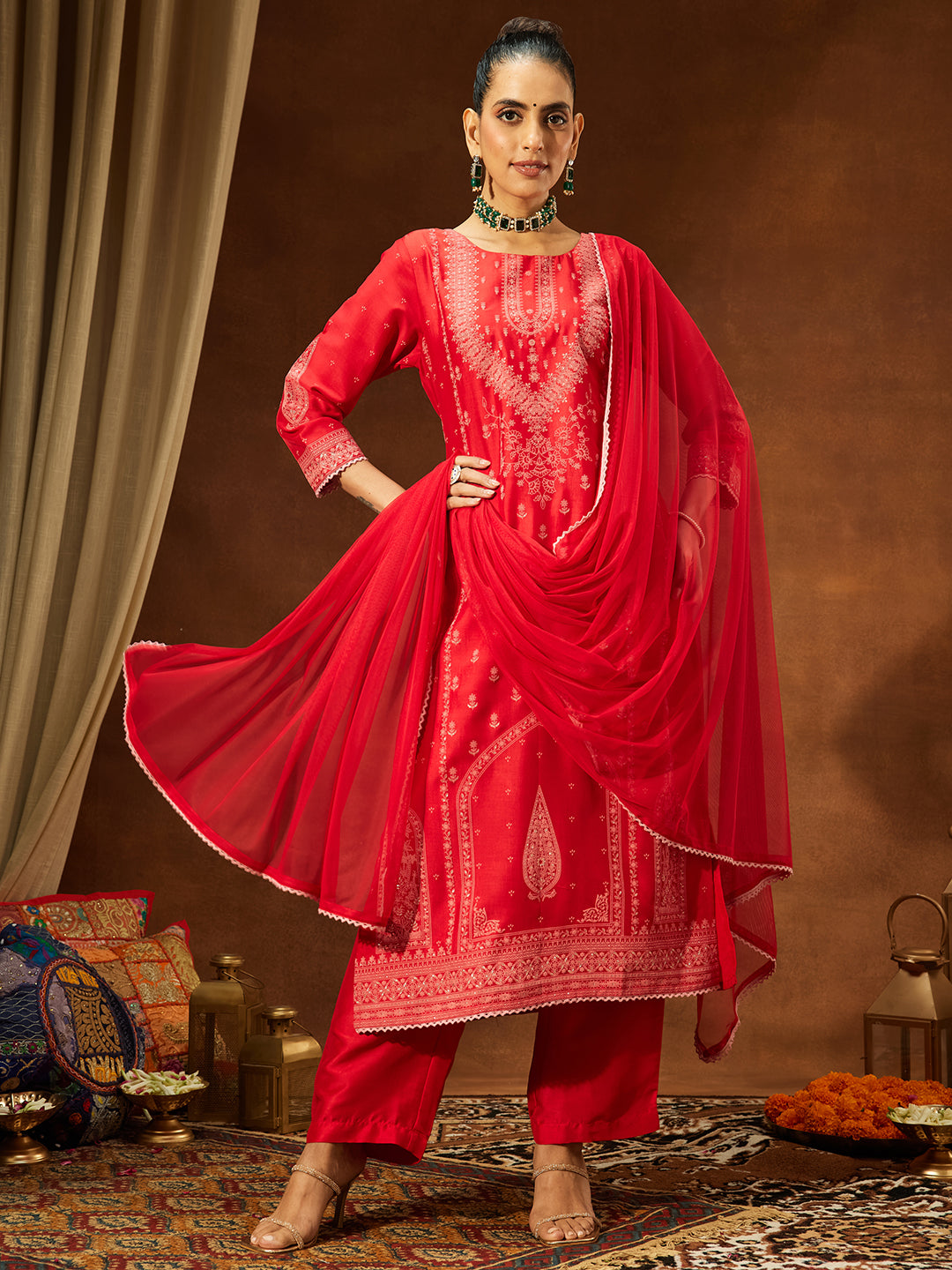 Naari By Shree Women's Red Silk Blend Ethnic Printed Straight Kurta Set