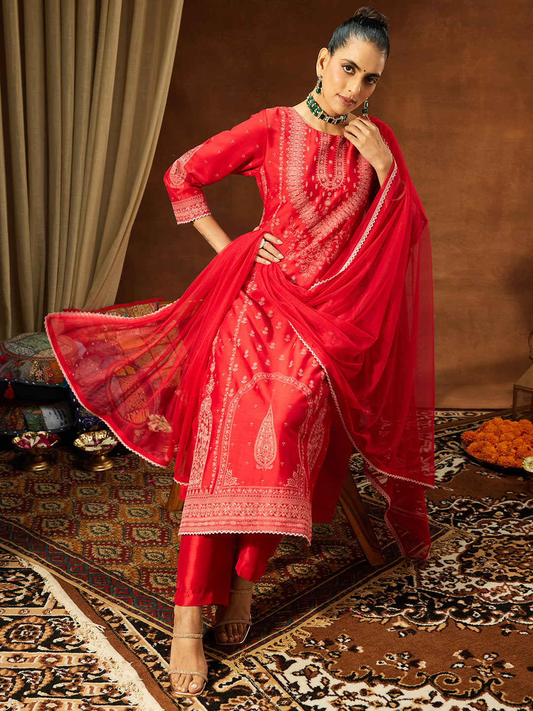 Naari By Shree Women's Red Silk Blend Ethnic Printed Straight Kurta Set