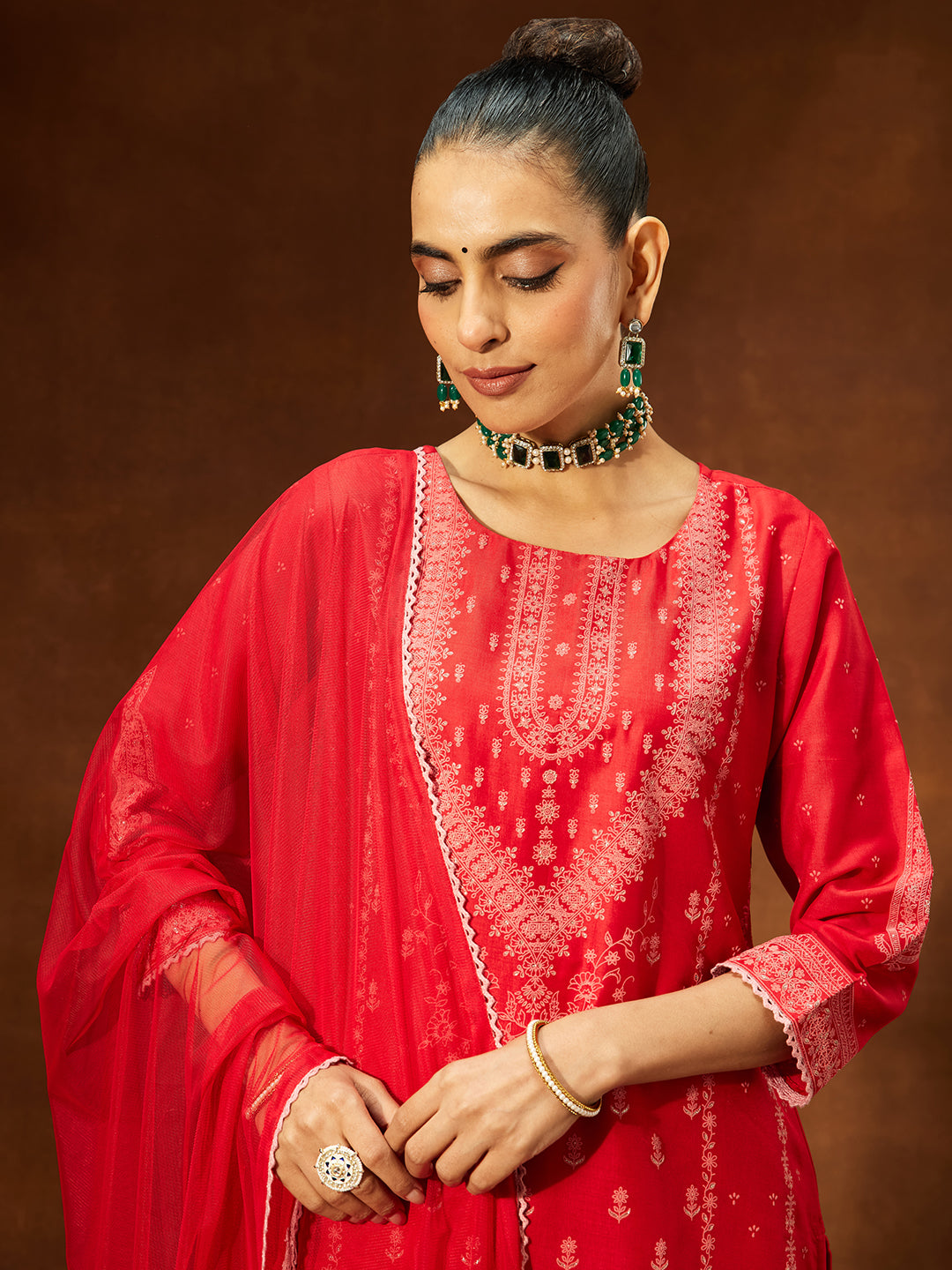 Naari By Shree Women's Red Silk Blend Ethnic Printed Straight Kurta Set