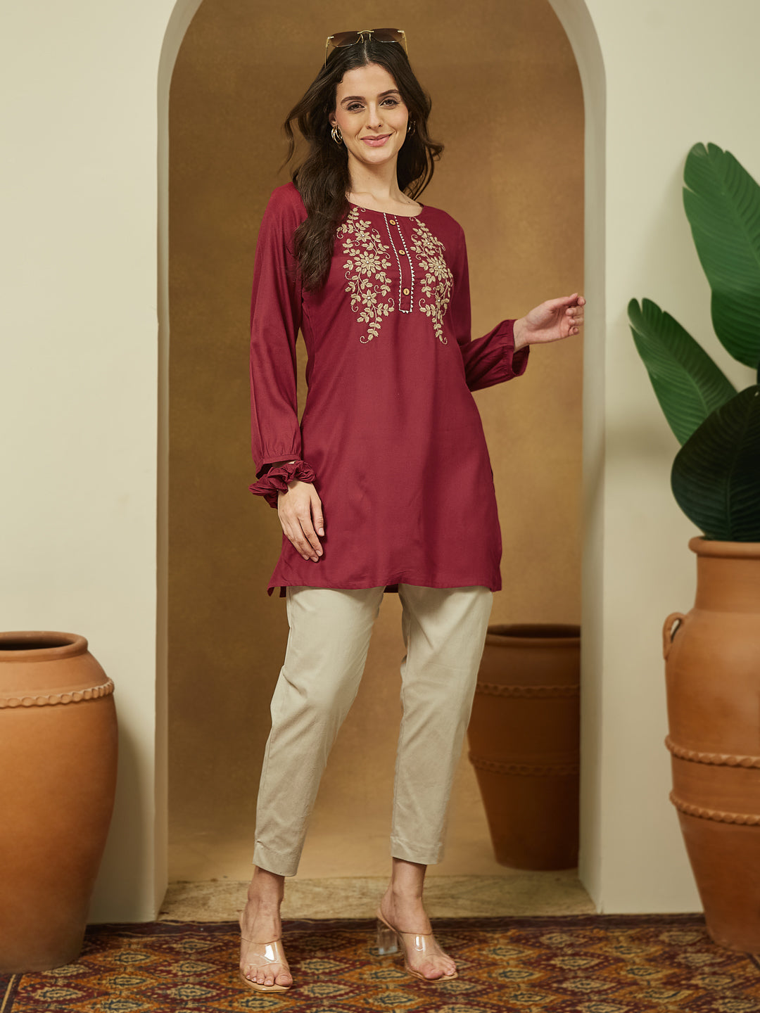 Naari By Shree Women's Maroon Rayon Embroidered Straight Short Kurti