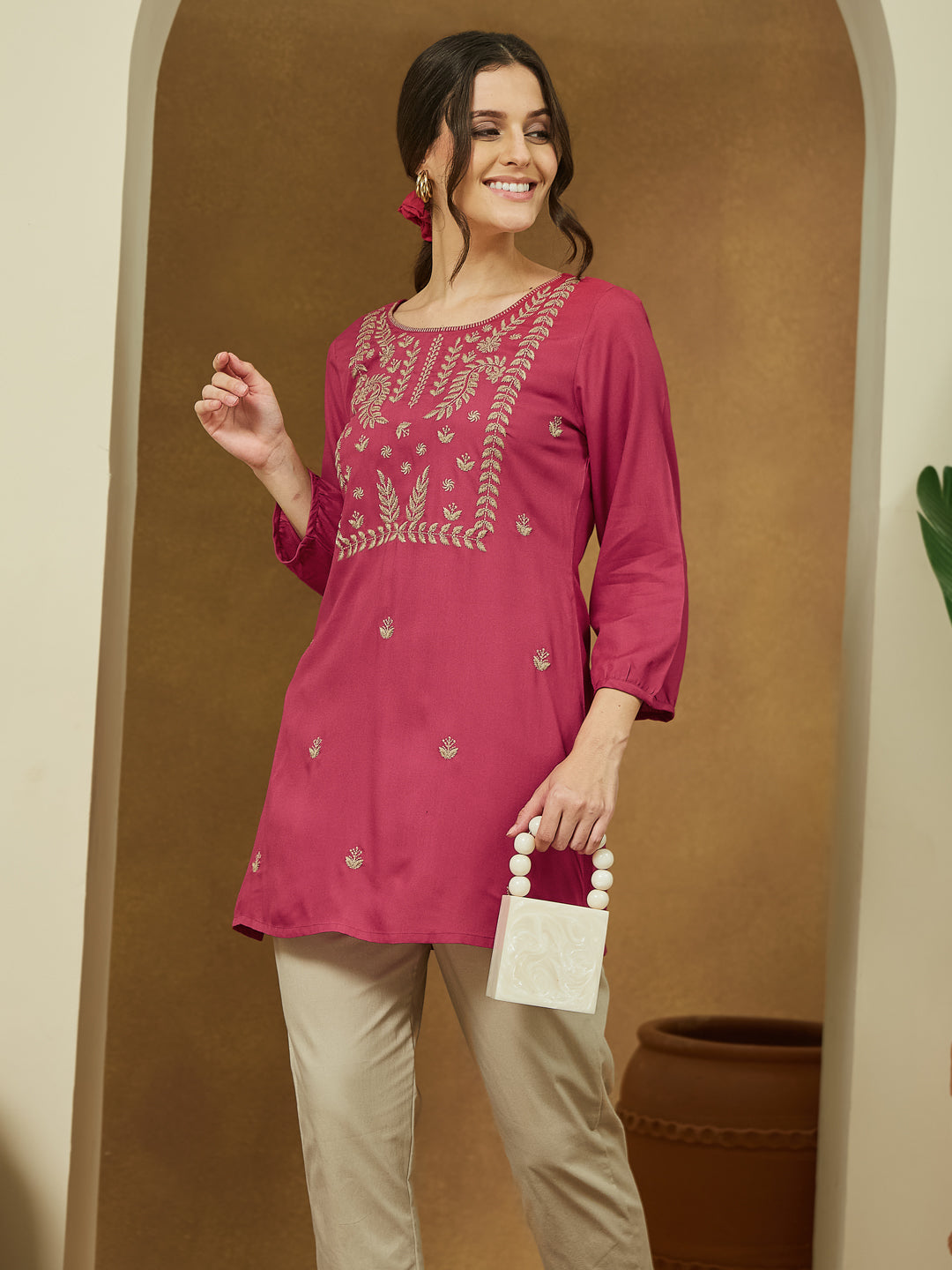 Naari By Shree Women's Magenta Pink Rayon Embroidered Straight Short Kurti