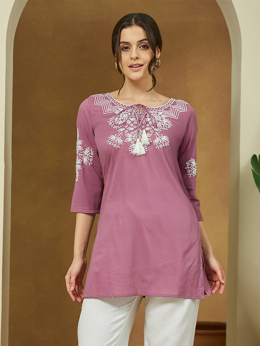Naari By Shree Women's Purple Pure Cotton Embroidered Straight Tunic