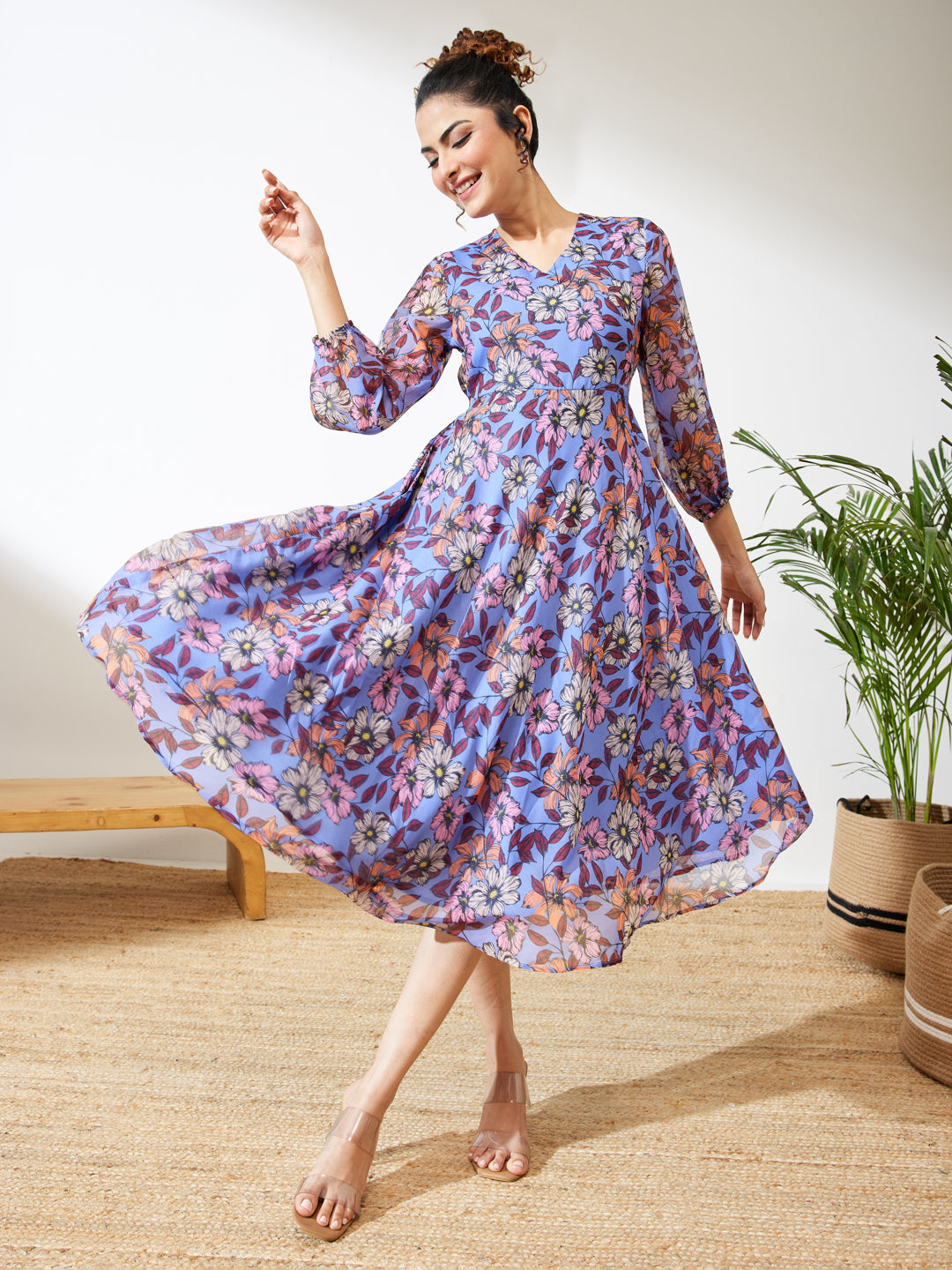 Naari By Shree Women's Lavender Georgette Floral Printed A-line Dress