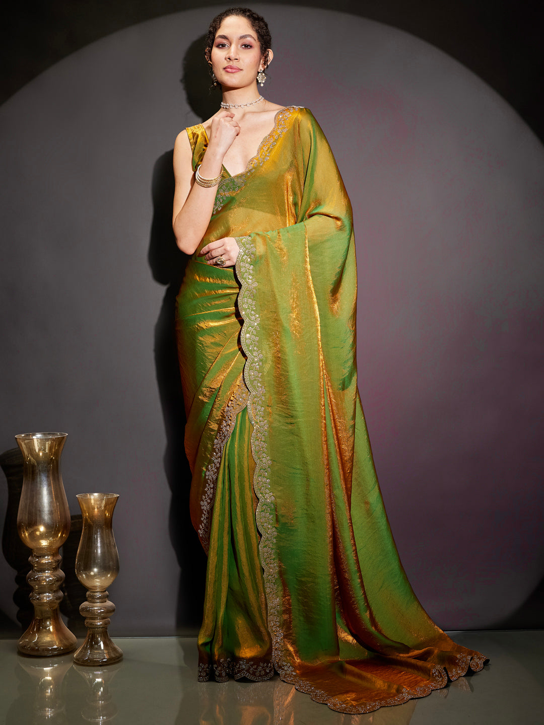Naari By Shree Women's Green & Gold Tissue Silk One-Minute Ready-to-Wear Embellished Saree with Unstitched Blouse
