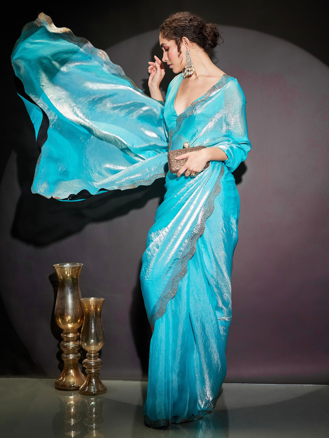 Naari By Shree Women's Light Blue Tissue Silk One-Minute Ready-to-Wear Embellished Saree with Unstitched Blouse