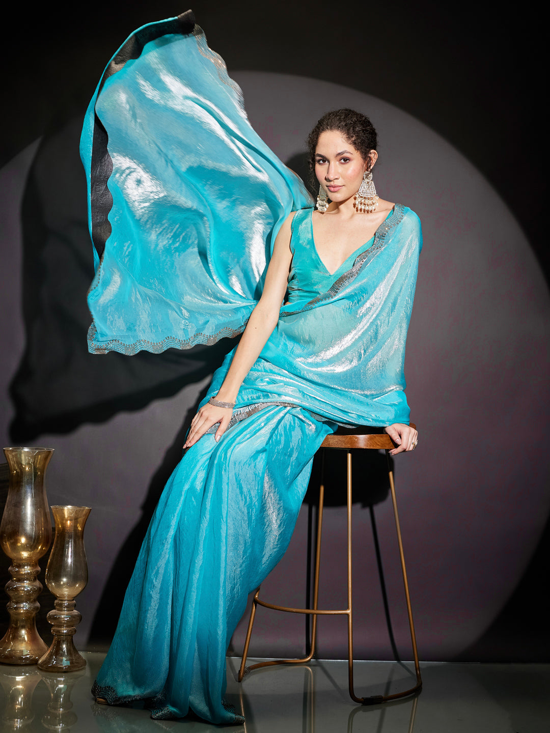 Naari By Shree Women's Light Blue Tissue Silk One-Minute Ready-to-Wear Embellished Saree with Unstitched Blouse
