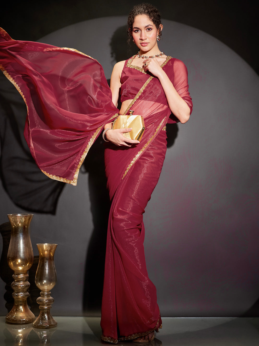 Naari By Shree Women's Pink Silk Blend One-Minute Ready-to-Wear Embellished Shimmer Saree with Unstitched Blouse