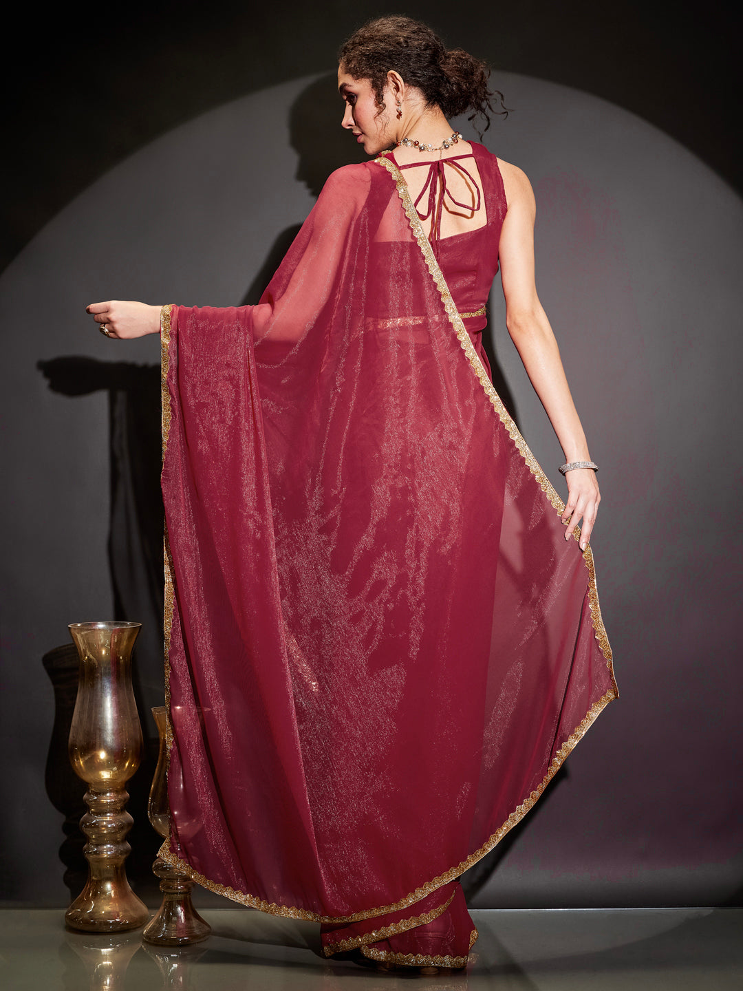 Naari By Shree Women's Pink Silk Blend One-Minute Ready-to-Wear Embellished Shimmer Saree with Unstitched Blouse