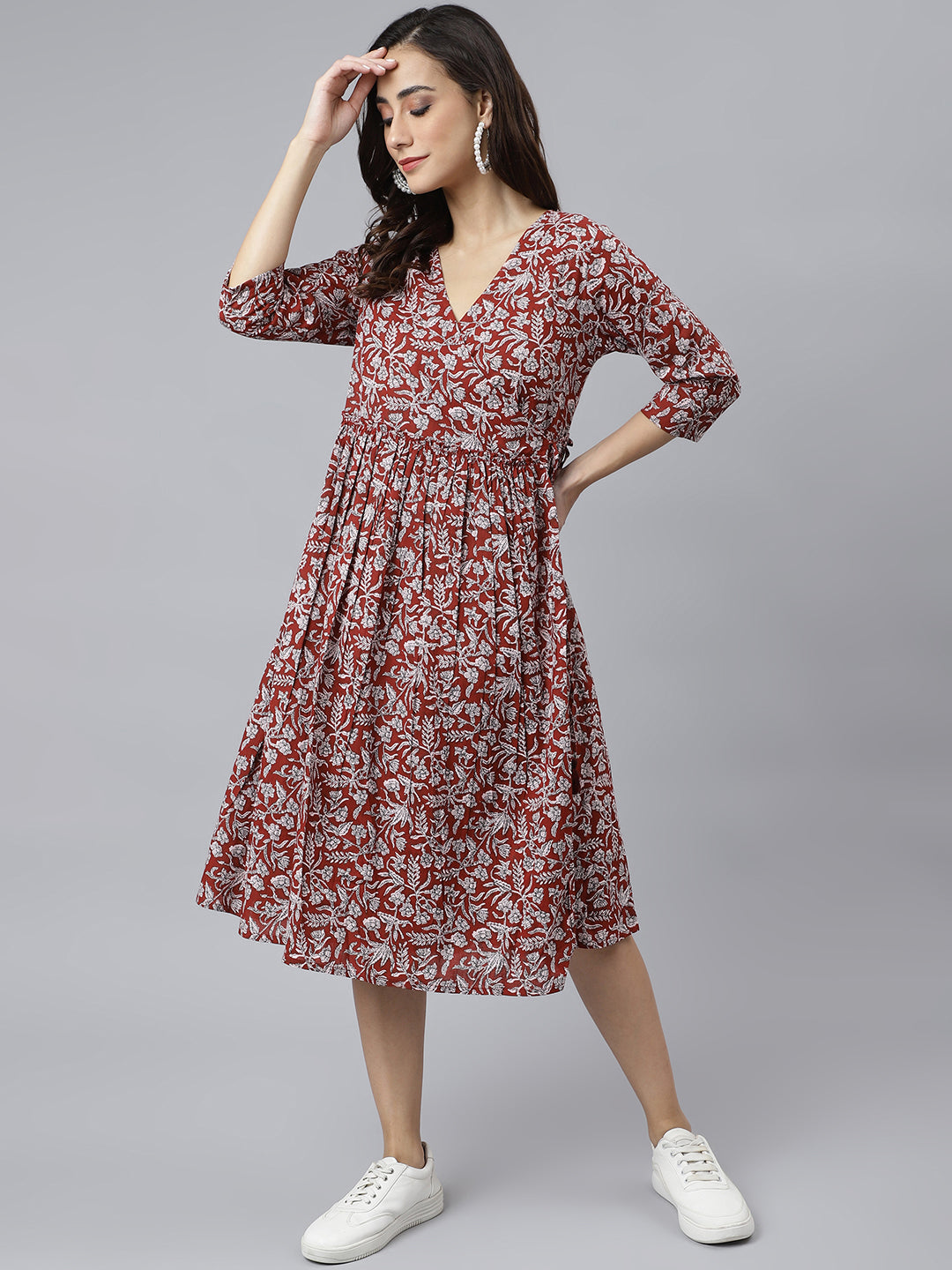 Naari By Shree Maroon Cotton Floral Print Angrakha Western Dress