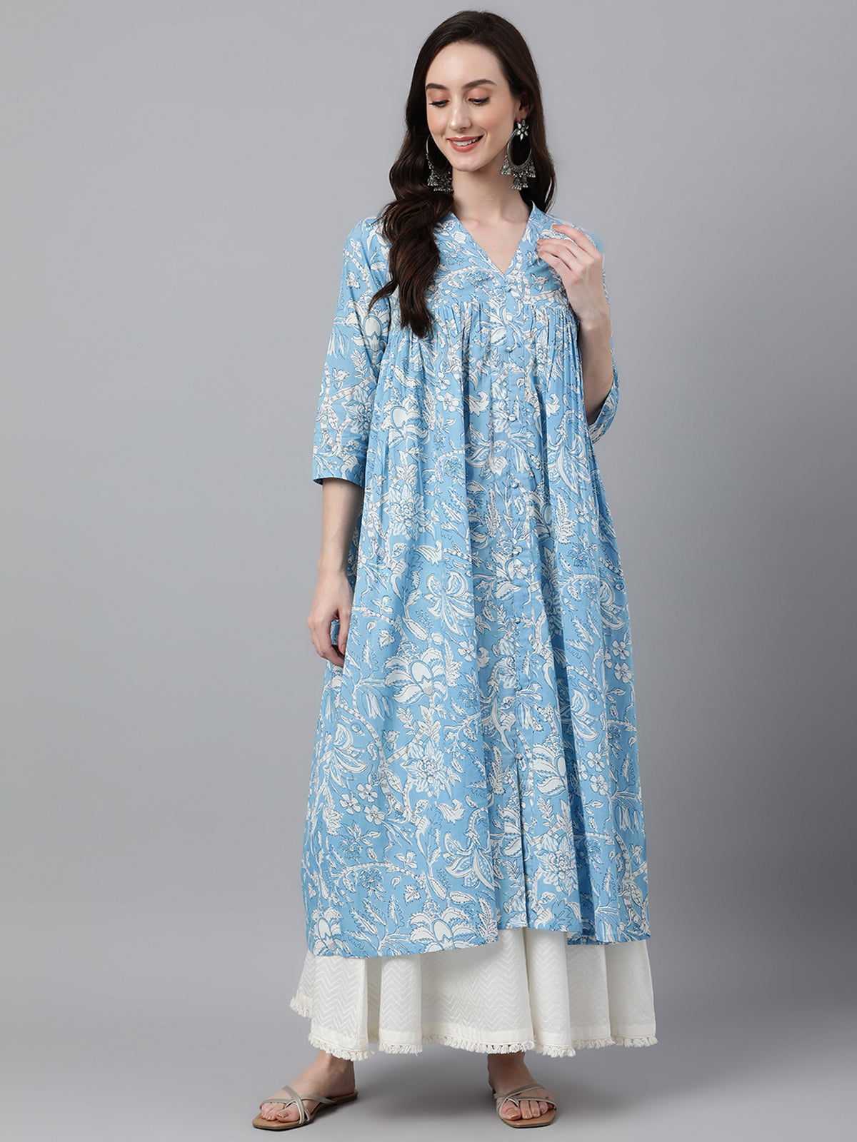 Naari By Shree Sky Blue Cotton Floral Print Flared Kurta