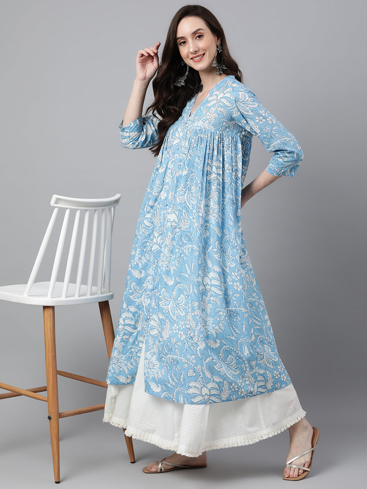 Naari By Shree Sky Blue Cotton Floral Print Flared Kurta